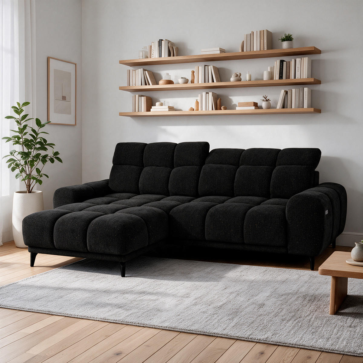 ROHOVÁ SEDAČKA Marco Mini s elektricky výsuvným sedákem a nastavitelnými opěrkami hlavy, levá, žinylková látka, černá - černá, textil (275/182cm) - Beautysofa
