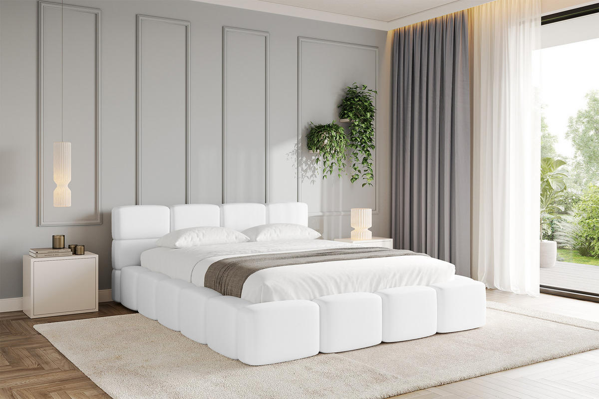 POLSTERBETT mit Bettkasten und Lattenrost, Bett mit Matratze H3/H4, Kopfteil, Boxbett, Doppelbett mit Stauraum - NATA-v1 200x200 Weiß - Weiß, Holzwerkstoff/Textil (200/200cm) - ALTDECOR