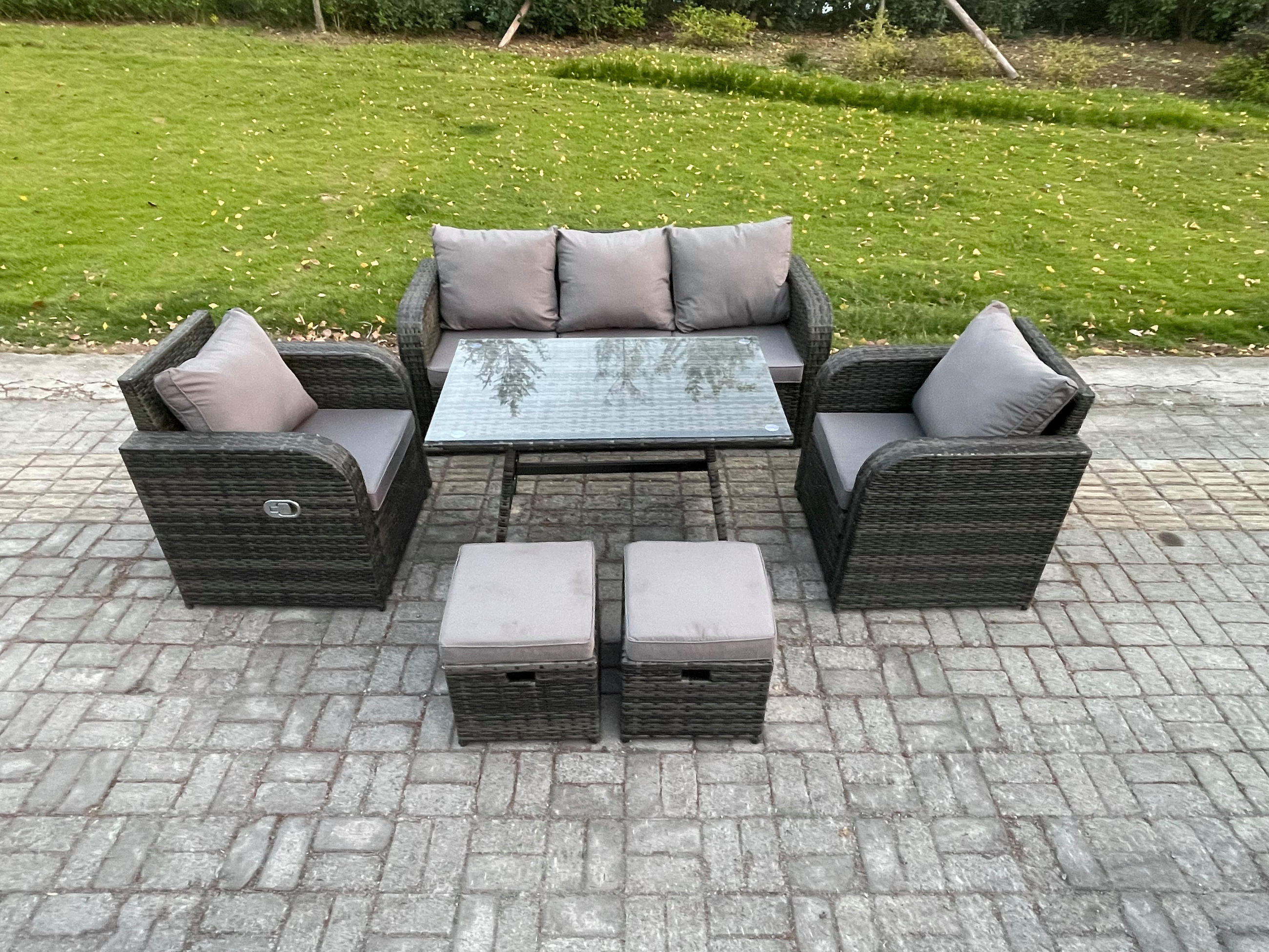 GARTENMÖBEL SET mit COUCHTISCH Polyrattan Dunkelgrau 7-Sitzer - Dunkelgrau/Grau, Glas/Kunststoff - Fimous