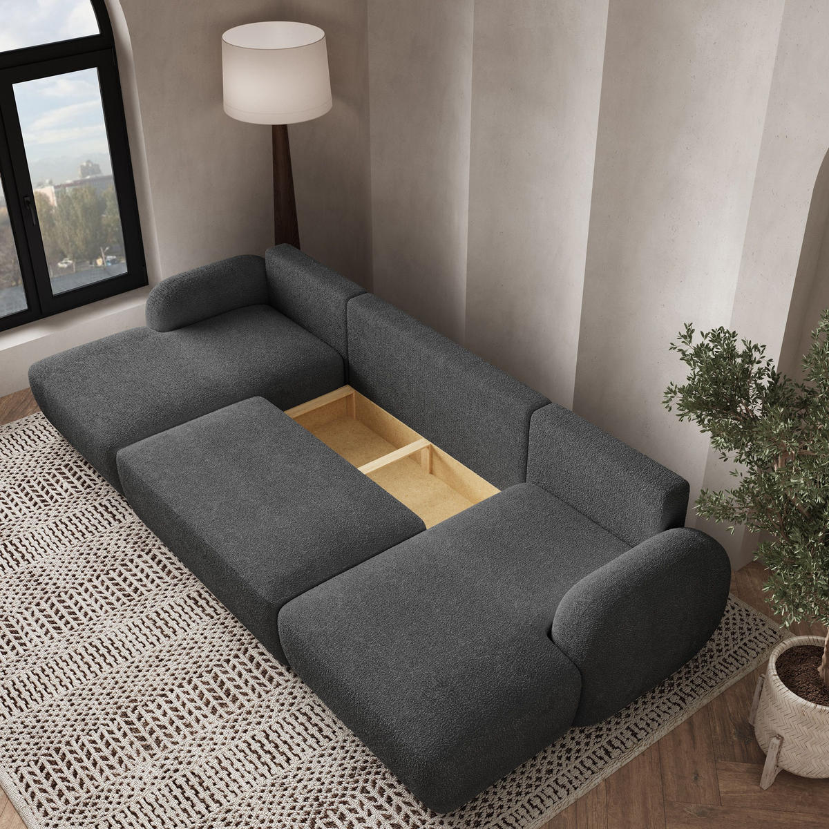 WOHNLANDSCHAFT SAVONA N Grau Boucle-Stoff mit Schlaffunktion - Grau, Holz (320/90/148cm) - MASSENO