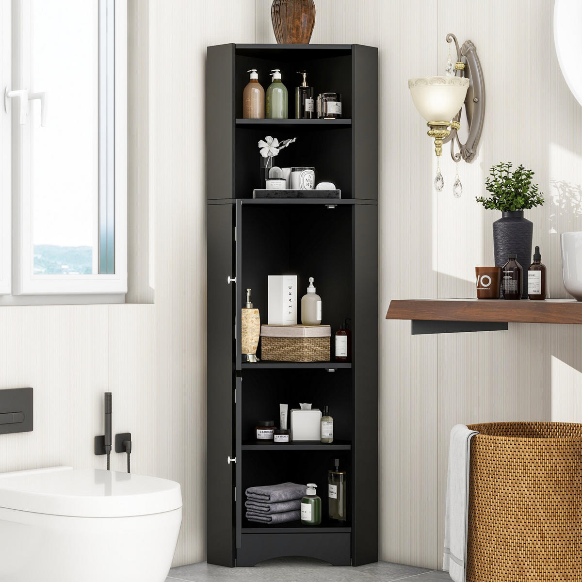 HOCHSCHRANK,BADSCHRANK Schwarz mit Türen offenen Fächern - Schwarz, Holz (36/155/36cm) - PARAFTA HOME