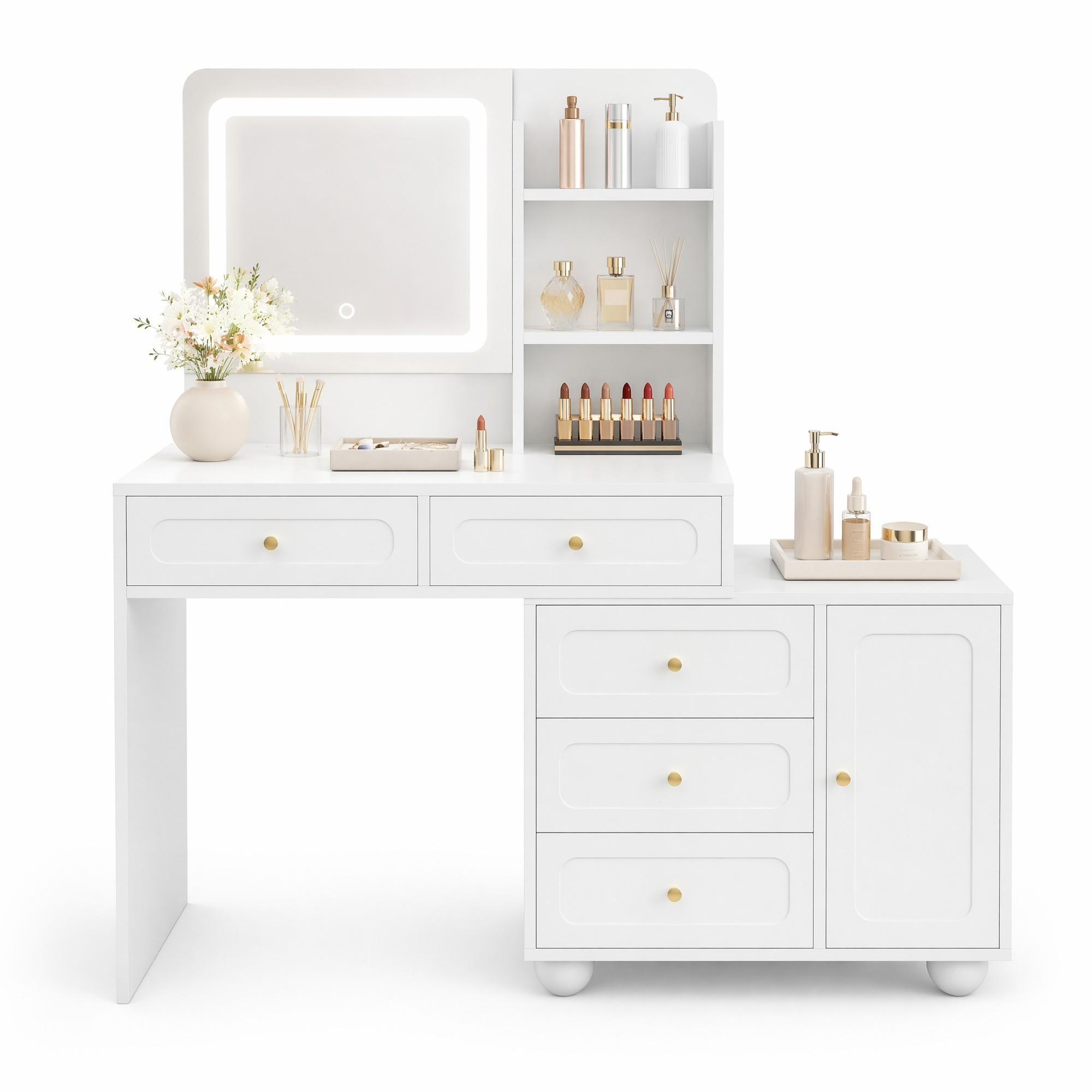 SCHMINKTISCH in Weiß Frisiertisch mit LED-Beleuchtung, Schubladen und Spiegel für Schlafzimmer, B80/T39.8/H127 cm - Weiß, Glas/Holzwerkstoff (80/127/39.8cm) - STILVORA