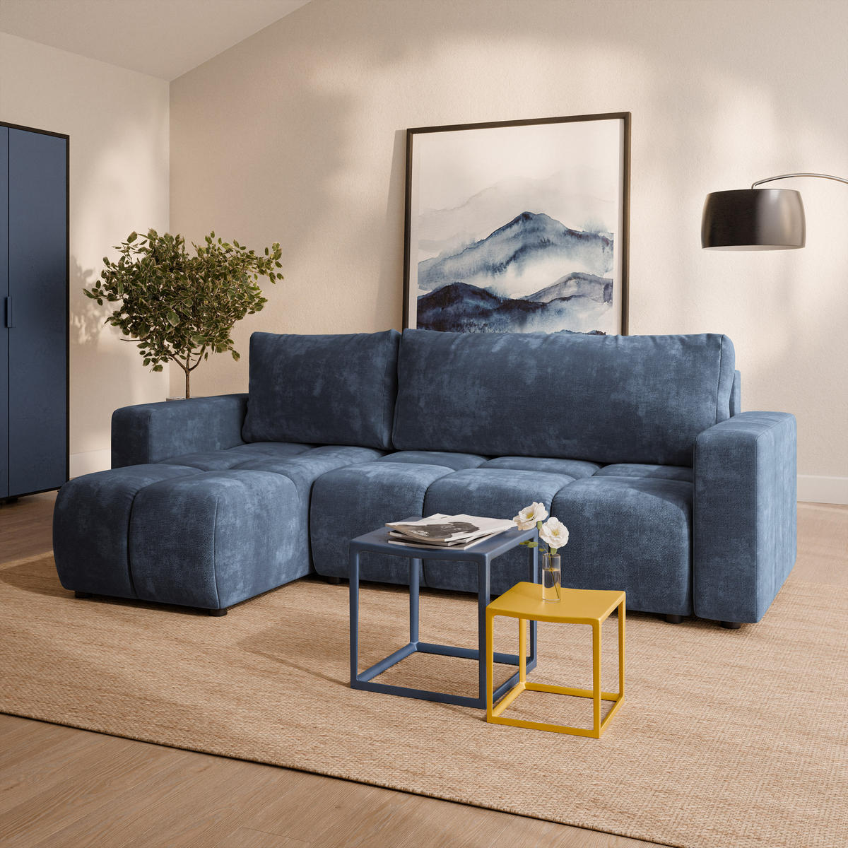 ECKSOFA RAMIL Blau Chenille mit Schlaffunktion - Blau, Holz (240/149cm) - MASSENO
