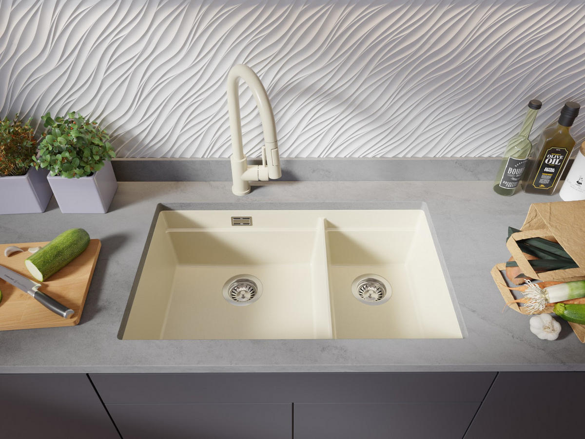 GRANITSPÜLE Praga Slim Duo, 2-er set Beige 76/47 cm 2 Becken + Küchenarmatur 32/20 cm + Ablauf-Set + Aufrollbare Abtropffläche ab 80er Unterschrank - Chromfarben/Beige, Kunststoff (76/20/47cm) - Primagran