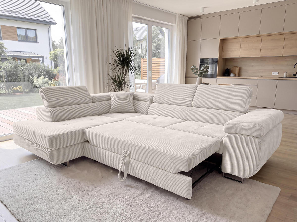 ECKSOFA L Form Konak Cremeweiß 276/201/90 cm Links mit Schlaffunktion - Silberfarben/Creme, Textil/Metall (203/276cm) - AX Living