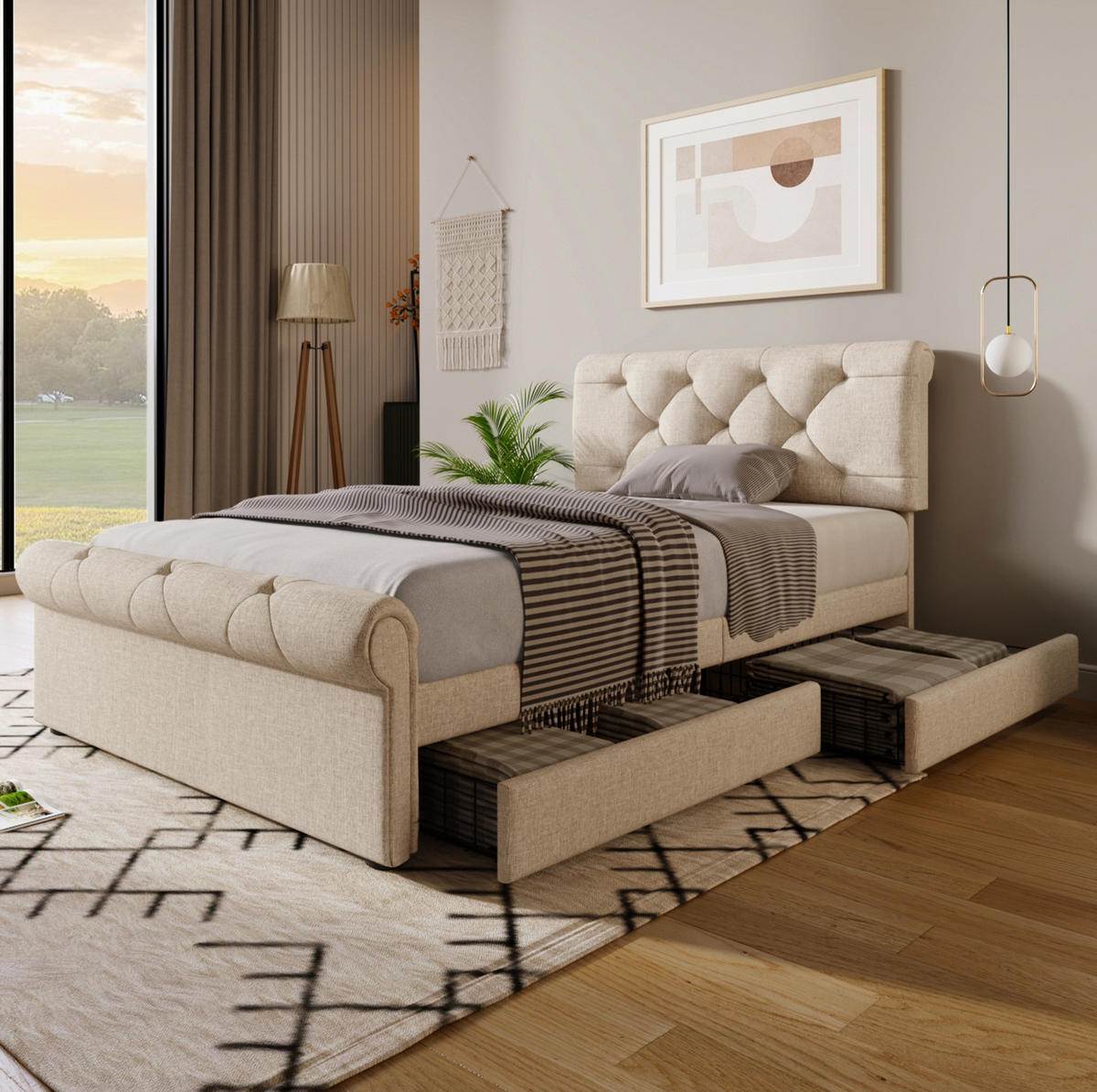 POLSTERBETT 90/200 cm Natur aus Massivholz mit 2 Schubladen - Naturfarben, Metall (90/200cm) - OKMYHOME
