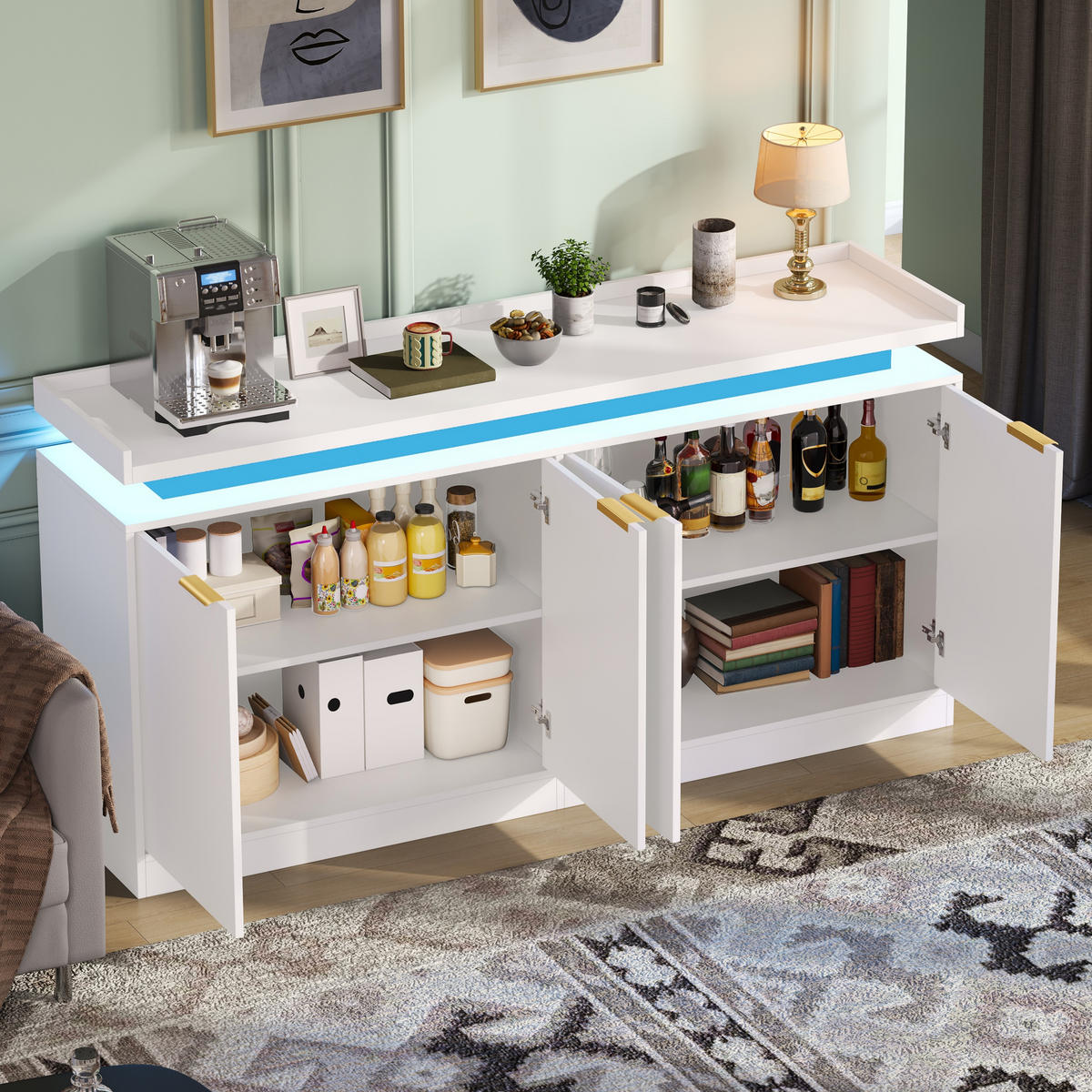 SIDEBOARD DE-38751 160/39/83 cm LED-Beleuchtung und 4 Türen Weiß - Weiß, Holzwerkstoff (160/83/39cm) - ComfortXL