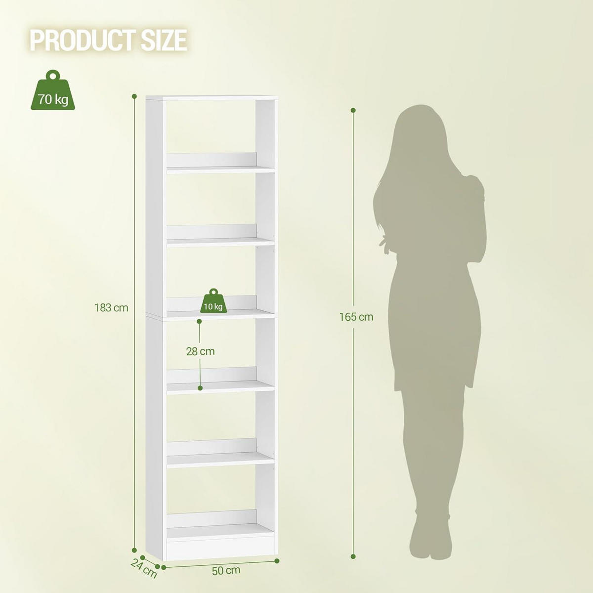 BÜCHERREGAL 6-stöckig Weiß 24 x 50 x 183 cm - Weiß, Holzwerkstoff (50/183/24cm)