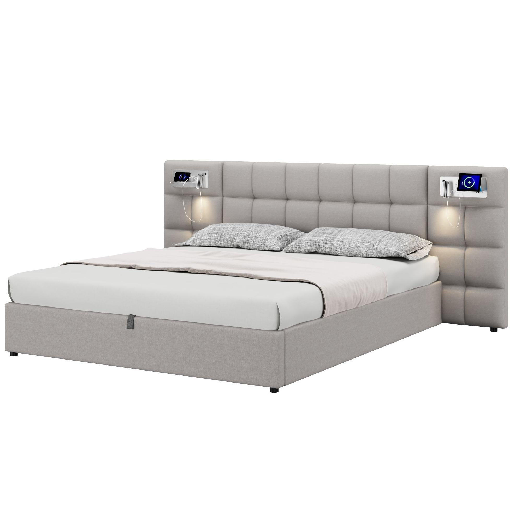 POLSTERBETT mit Stauraum 180x200 cm Leinen Grau mit USB & kabellosem Laden - Grau, Metall (180/200cm) - Meubliv