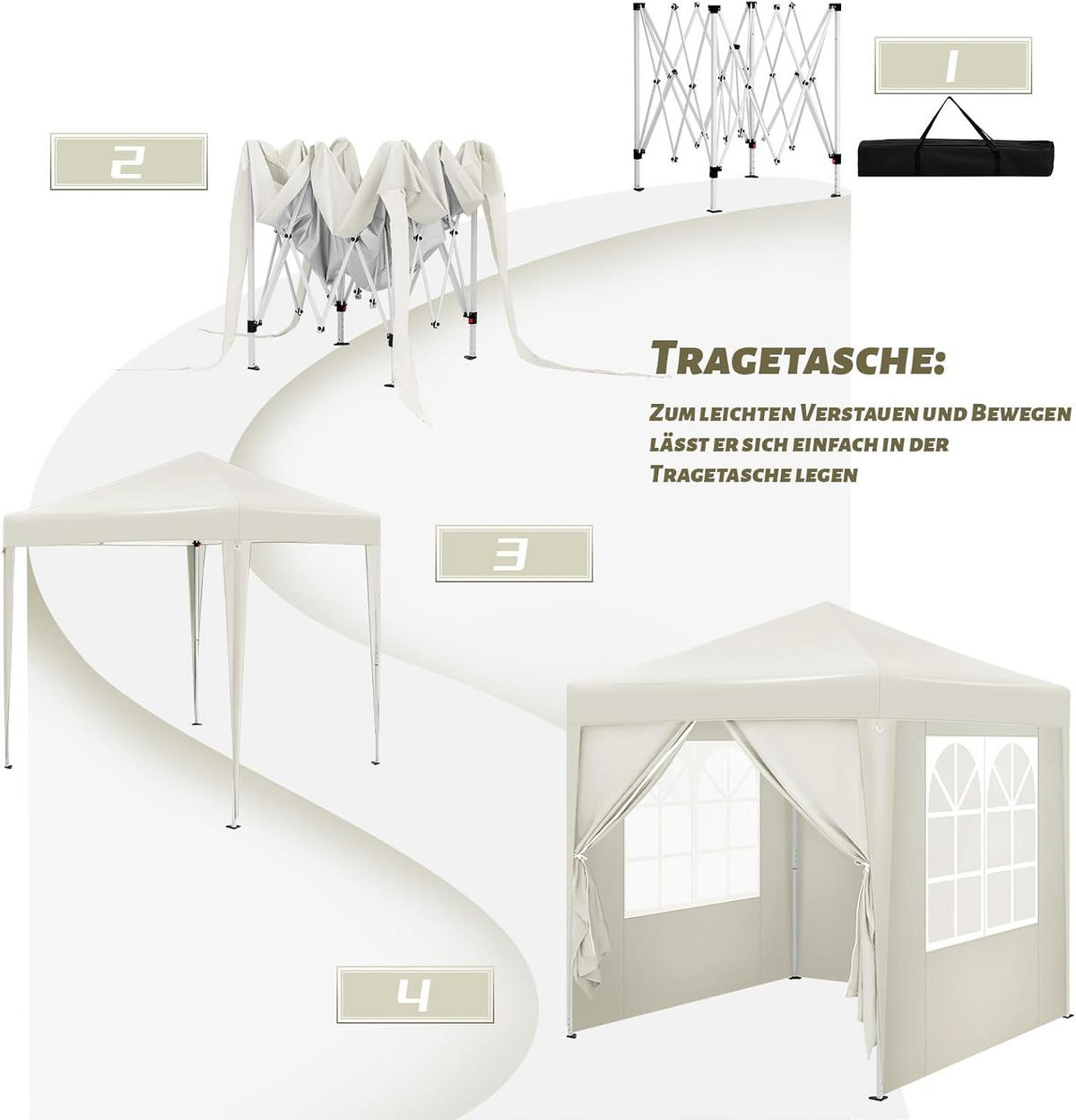 PAVILLON 2x2m mit 4 Seitenwänden UPF 50+ UV Schutz Beige - Beige, Kunststoff/Metall (200/240/200cm) - Woltu
