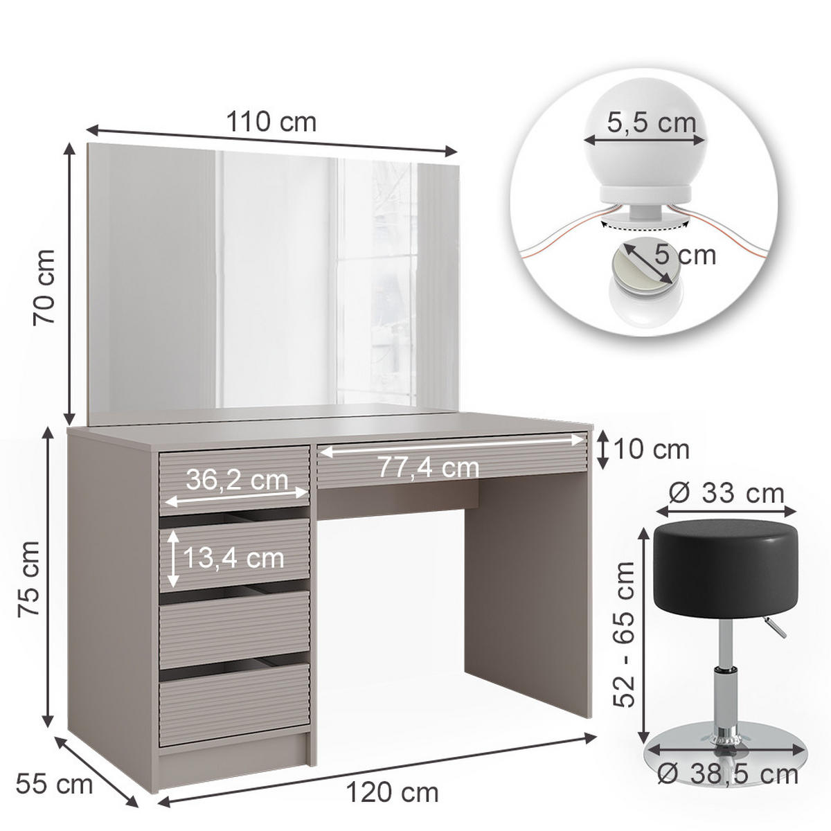 SCHMINKTISCH Sherry Cashmere 120 cm mit Spiegel, Hocker & LED-Beleuchtung - Kaschmir, Holzwerkstoff (120/75/55cm) - Vicco