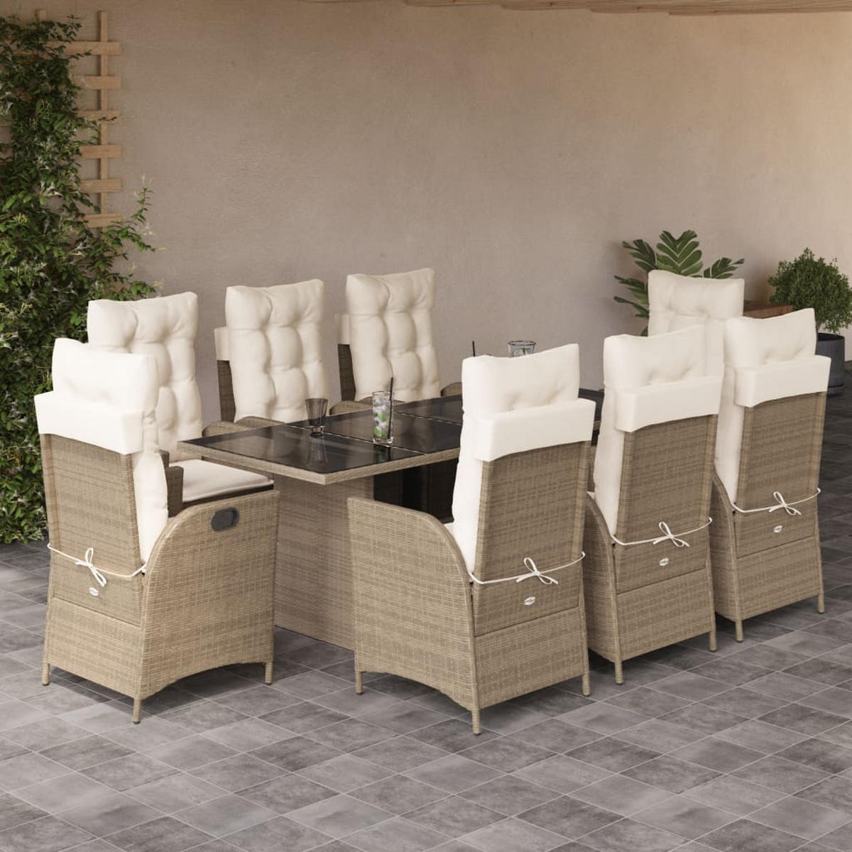 GARTEN-ESSGRUPPE 9Er Set Mit Kissen Beige Poly Rattan - Beige, Kunststoff - vidaXL