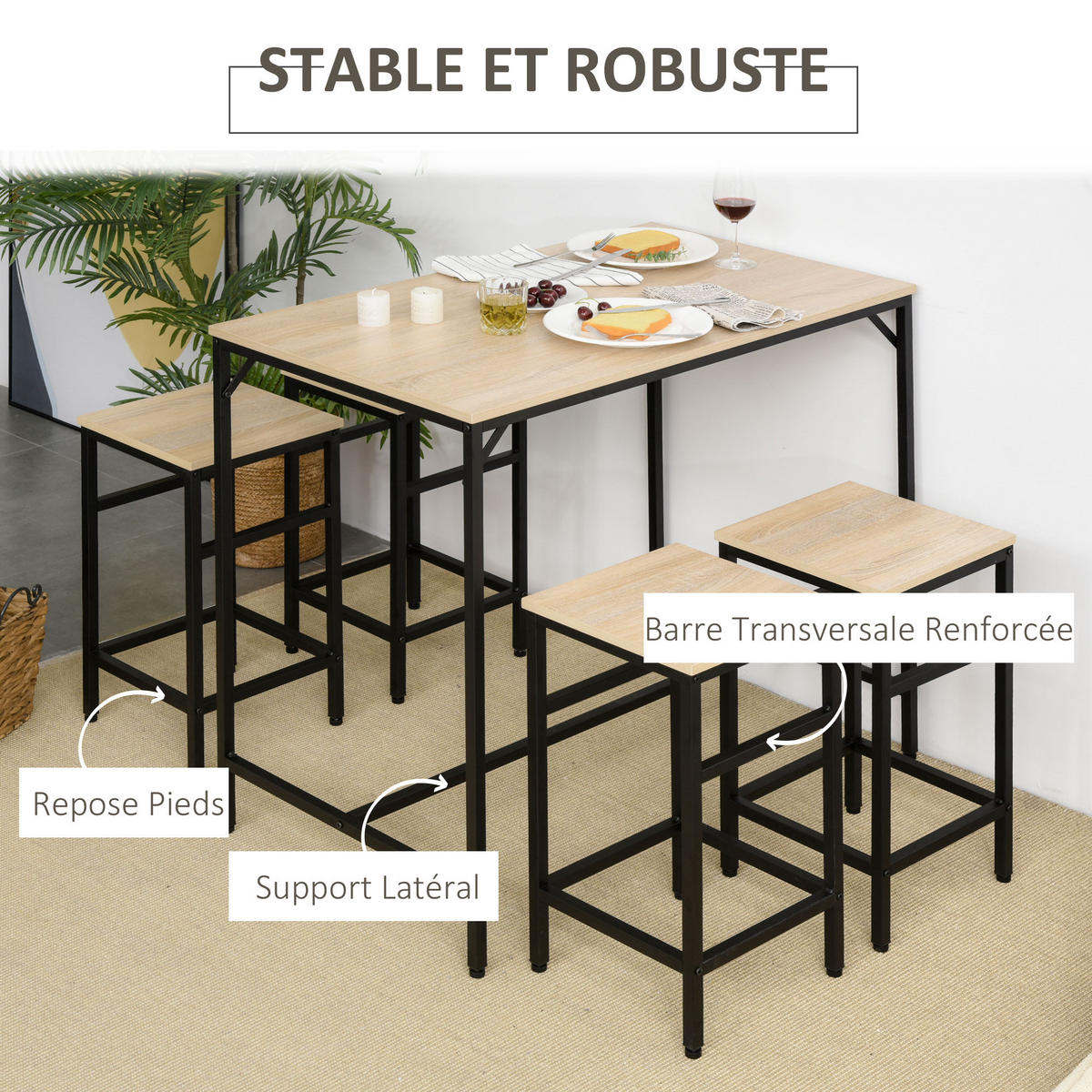 BARTISCH-SET DE-14688 Industrie-Design mit 4 Hockern Eiche hell & Schwarz - Beige, Metall (100/60/88cm) - ComfortXL