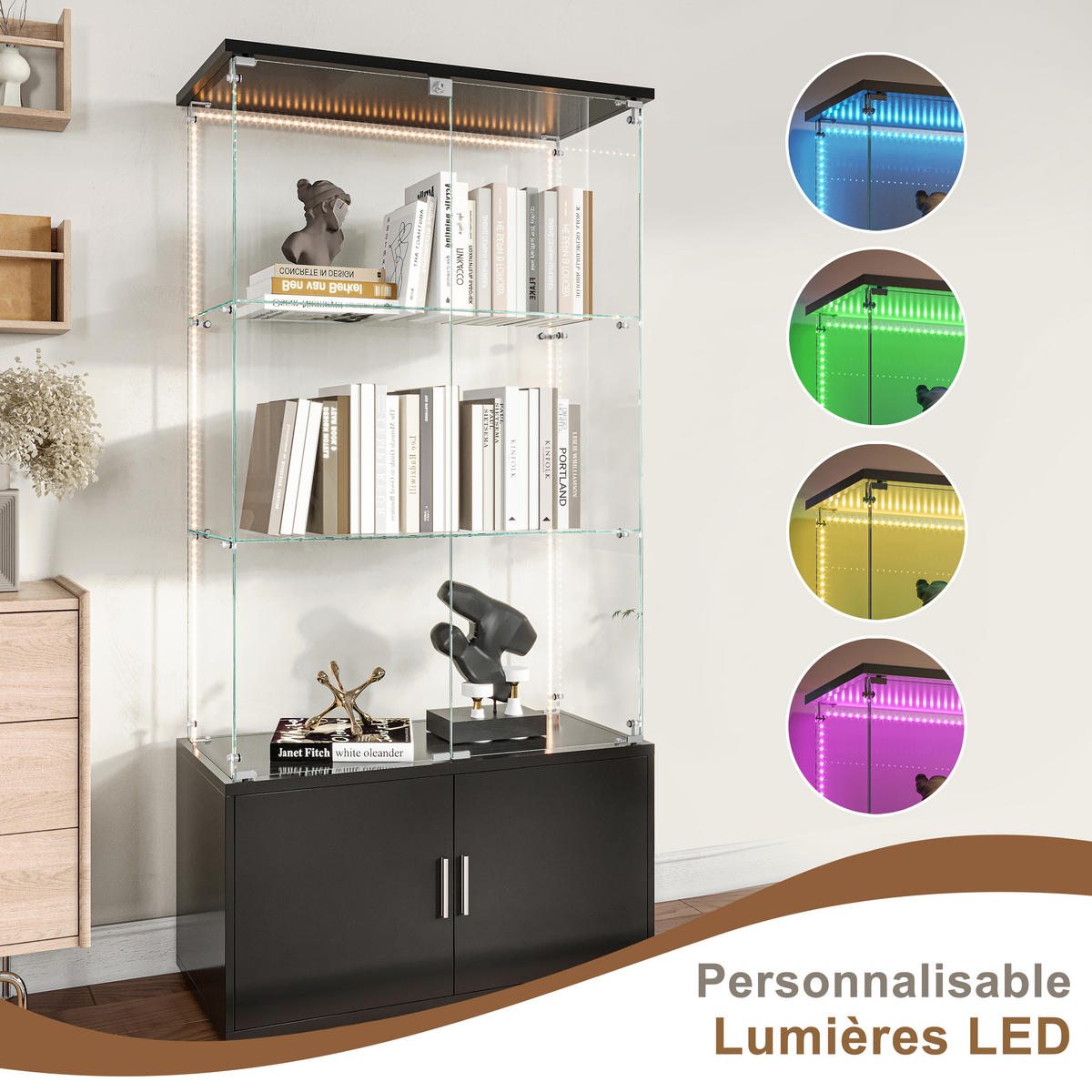 VITRINE 164x78,5x35 cm, LED, 4 Türen, verstellbare Böden, Schwarz - Schwarz, Holz (78/164/35cm)