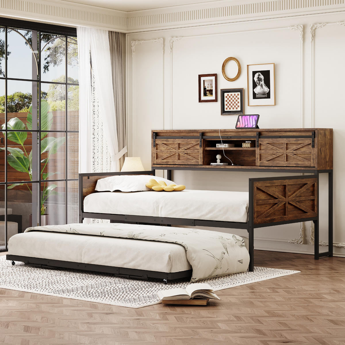 AUSZIEHBETT 90x200cm mit multifunktionalen Steckdosen，Schwarz + Braun - Braun, Holz/Metall (90/200cm) - KOMHTOM