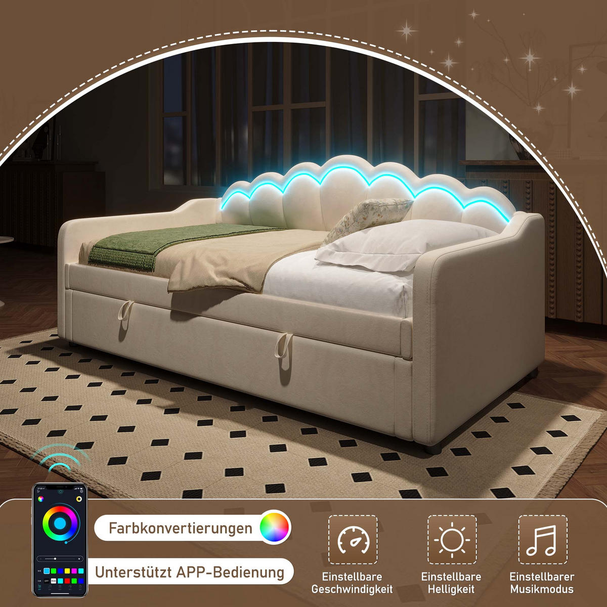 TAGESBETT 90x200cm Beige Mit LED & Stauraum - Beige, Textil (90/200cm) - FLIEKS