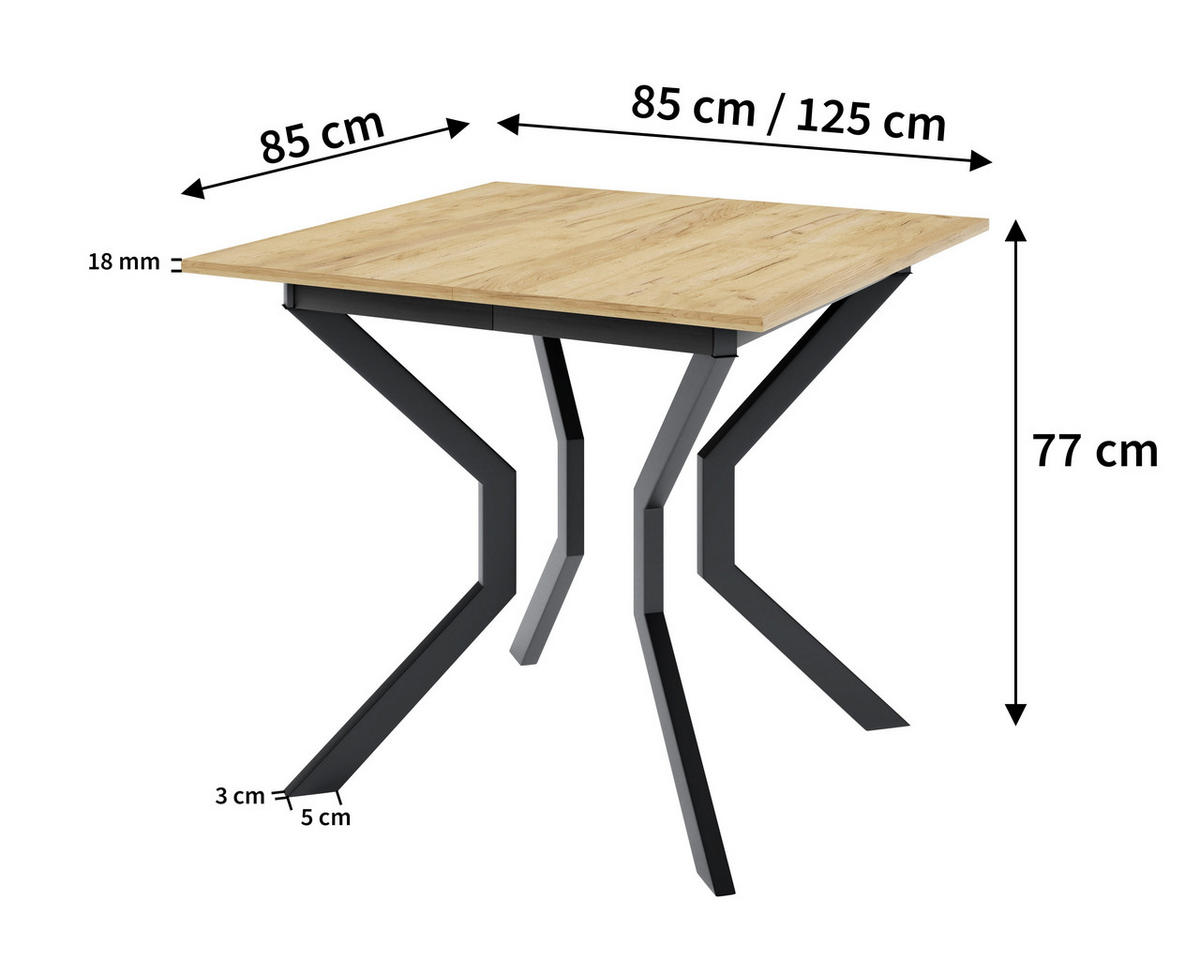 ESSTISCH MARCO M Ausziehbar 85 - 125 / 85 x 77 cm - Schwarz/Grau, Holz (85/85/77cm) - MASSENO