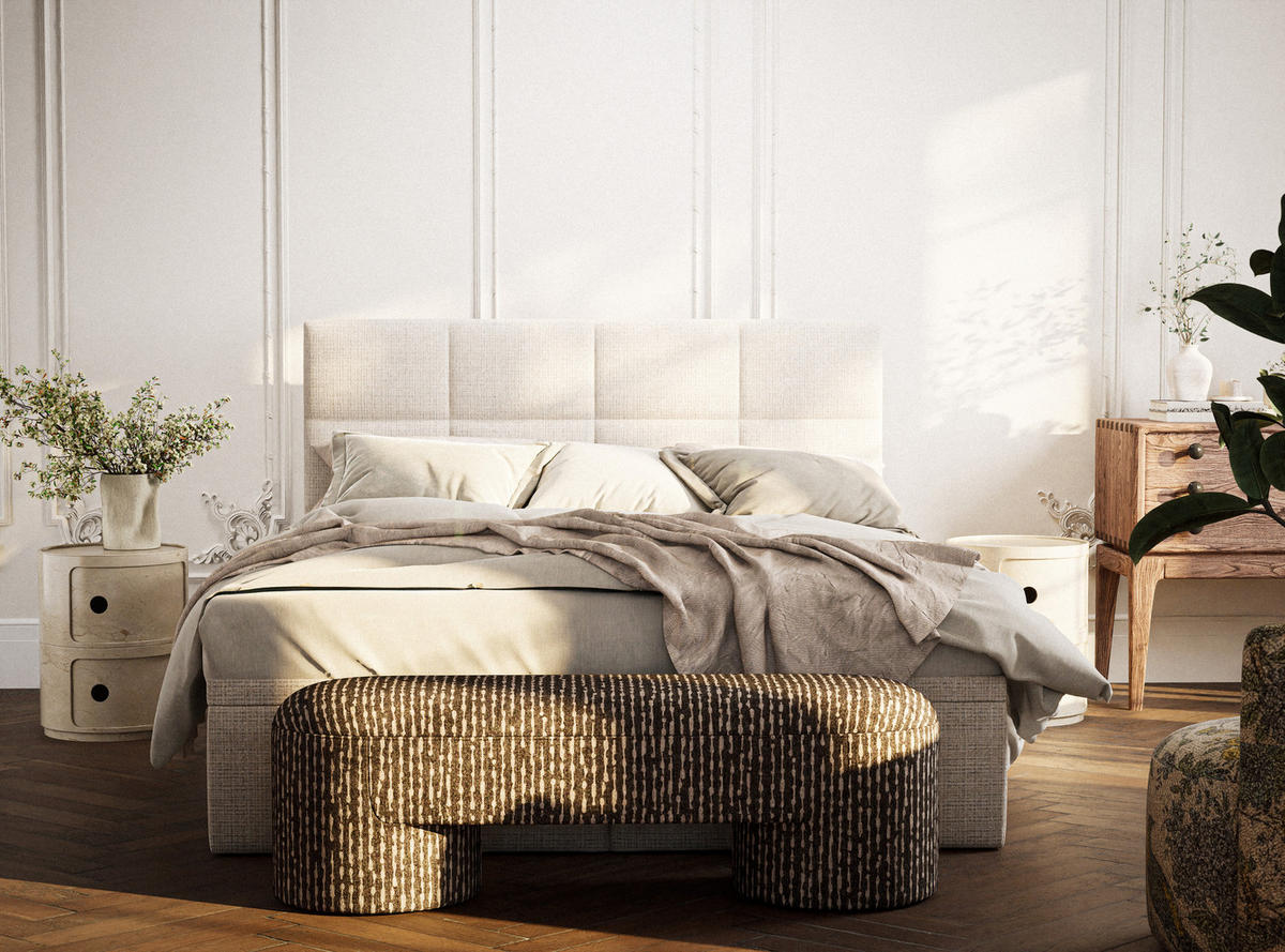BOXBETT 200/200 cm Umage, in Creme, Matratze, gepolstertes Kopfteil, Bettkasten, H3 = fest - Creme/Schwarz, Holz/Holzwerkstoff (200/200cm) - Maison de Reve
