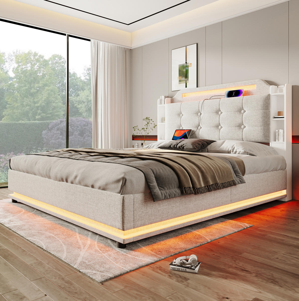 POLSTERBETT mit LED-Beleuchtung 140/200 cm in Beige mit Bettkasten & USB - Beige, Textil (140/200cm) - BEAOK