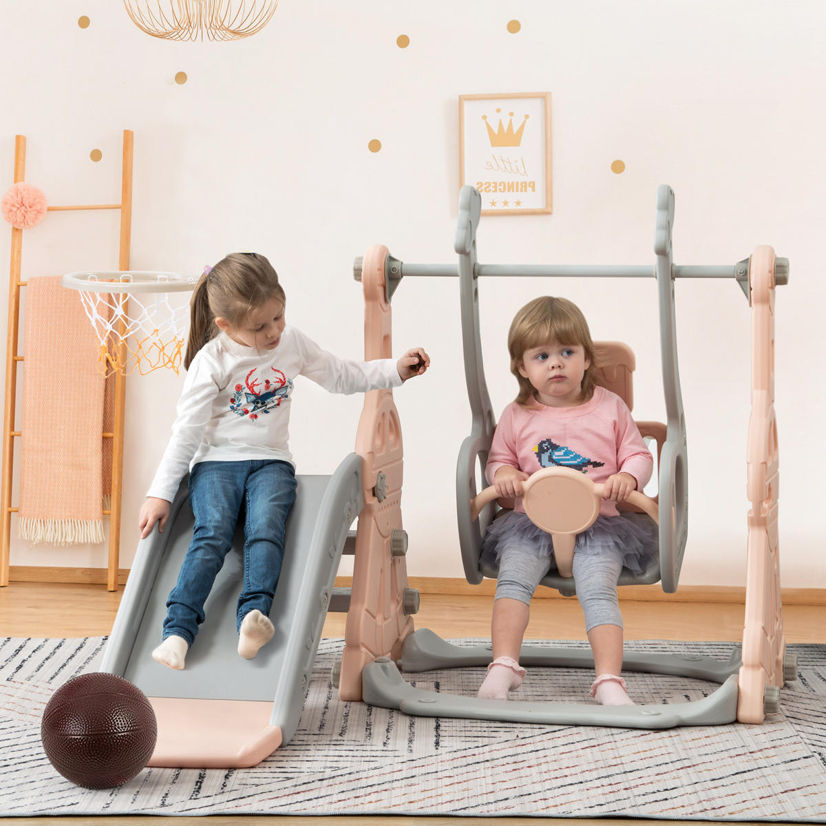 KINDERRUTSCHE mit Schaukel 4-in-1 –Rosa, Mit Basketballkorb & 3-fach höhenverstellbarer Schauke, Spielgerät für Kinder - Rosa, Kunststoff (140/102/118cm) - BursDany