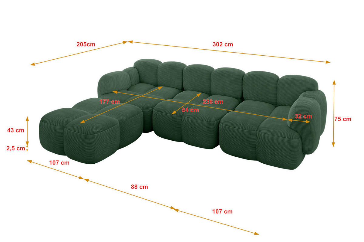 ECKSOFA modulares Sofa Links Miko-L2 302x205x75 Grün Cord - Waldgrün/Schwarz, Holzwerkstoff/Kunststoff (302/205cm) - ALTDECOR