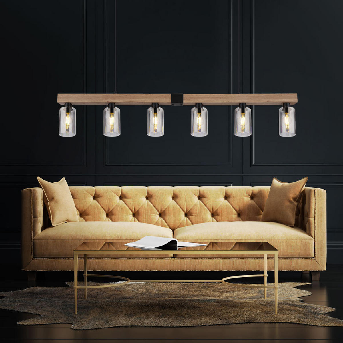 HÄNGELEUCHTE HADERA Metall Schwarz Holzoptik - Schwarz, Glas (140/10/120cm) - Globo Lighting