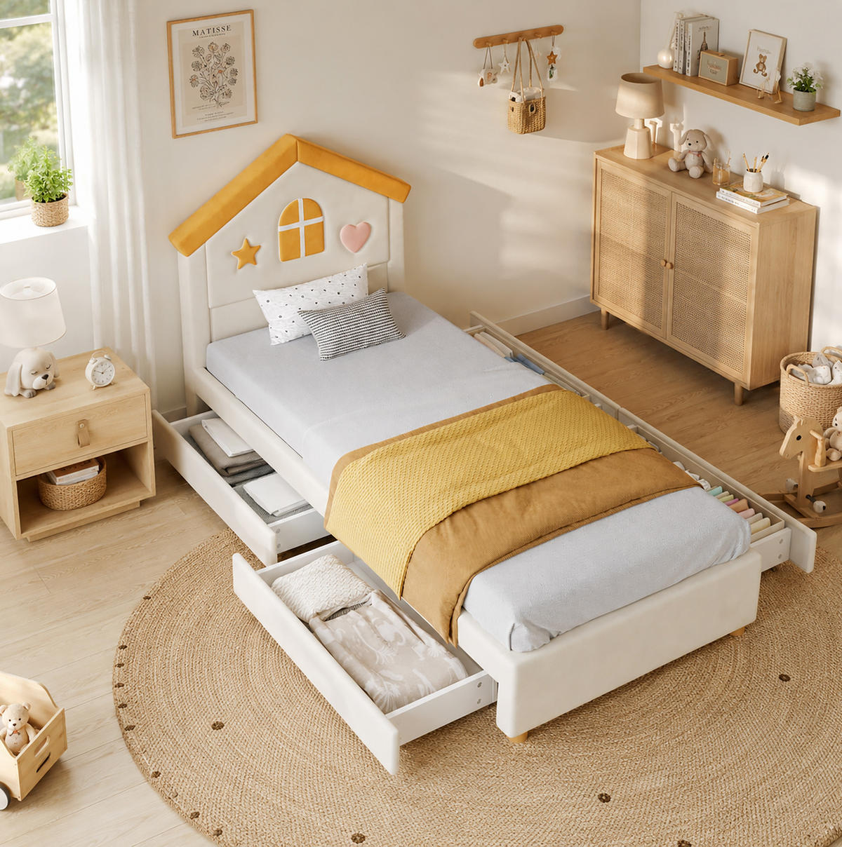 KINDER-POLSTERBETT 90x200 cm in Beige mit Hauskopfteil und 4 Schubladen - Beige, Textil (90/200cm) - IVMEU
