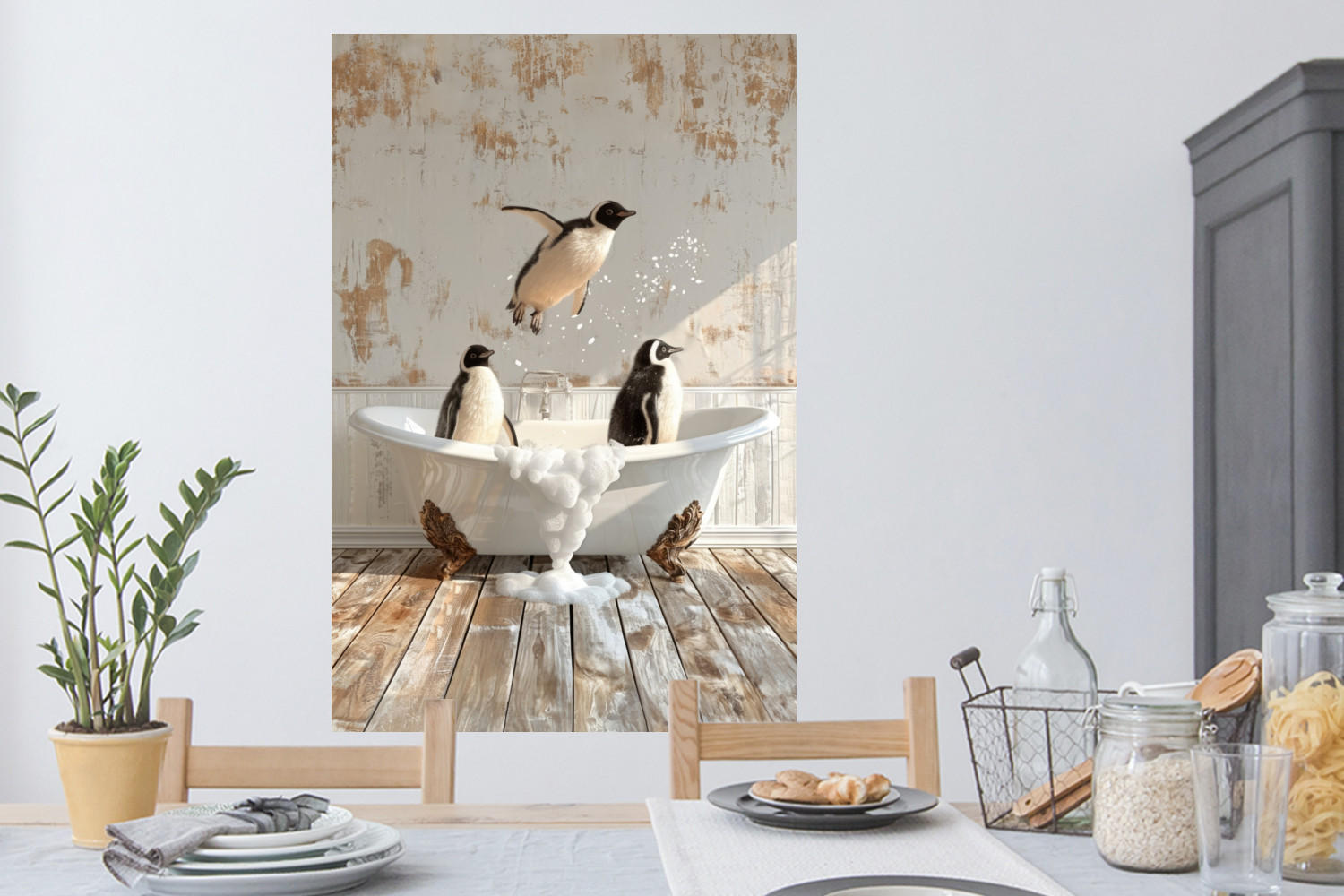 WANDTATTOO Vintage - Pinguin - Badewanne - Schaumstoff 80x120 cm - Schwarz, Kunststoff (80/120/0.1cm) - MuchoWow