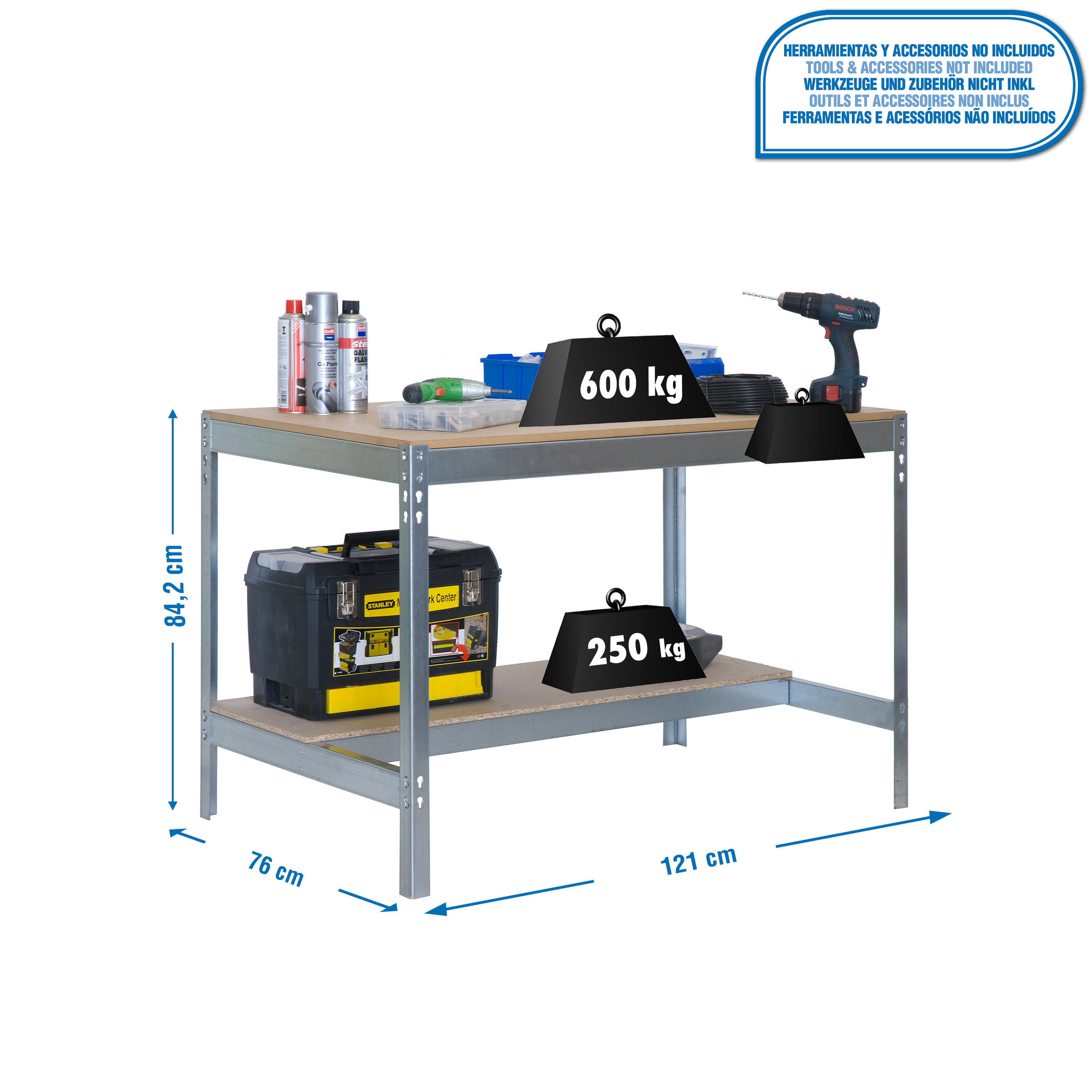 WERKBANK BUFFALO | HxBxT 84x120x76cm | Traglast 600kg | Verzinkt - Silberfarben, Holz (120/84/76cm) - PROREGAL