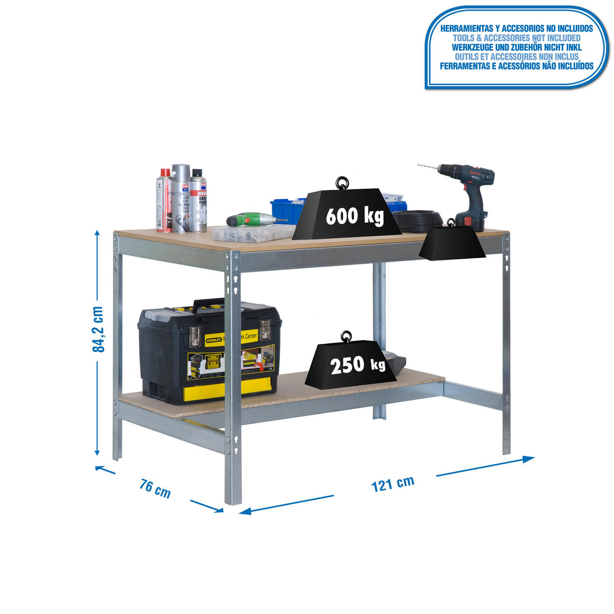 WERKBANK BUFFALO | HxBxT 84x120x76cm | Traglast 600kg | Verzinkt - Silberfarben, Holz (120/84/76cm) - PROREGAL