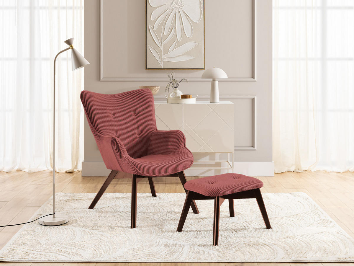 LOUNGESESSEL mit Fußhocker Lenari Terrakotta Cordstoff mit Füßen in Braun - Terra cotta/Braun, Holz/Textil (71/96/86cm) - S-Style Möbel