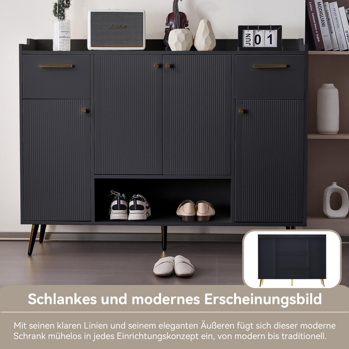 SCHUHSCHRANK mit 4 Türen Schwarz 130x37x100cm - Schwarz, Holzwerkstoff (37/100/130cm) - FLIEKS