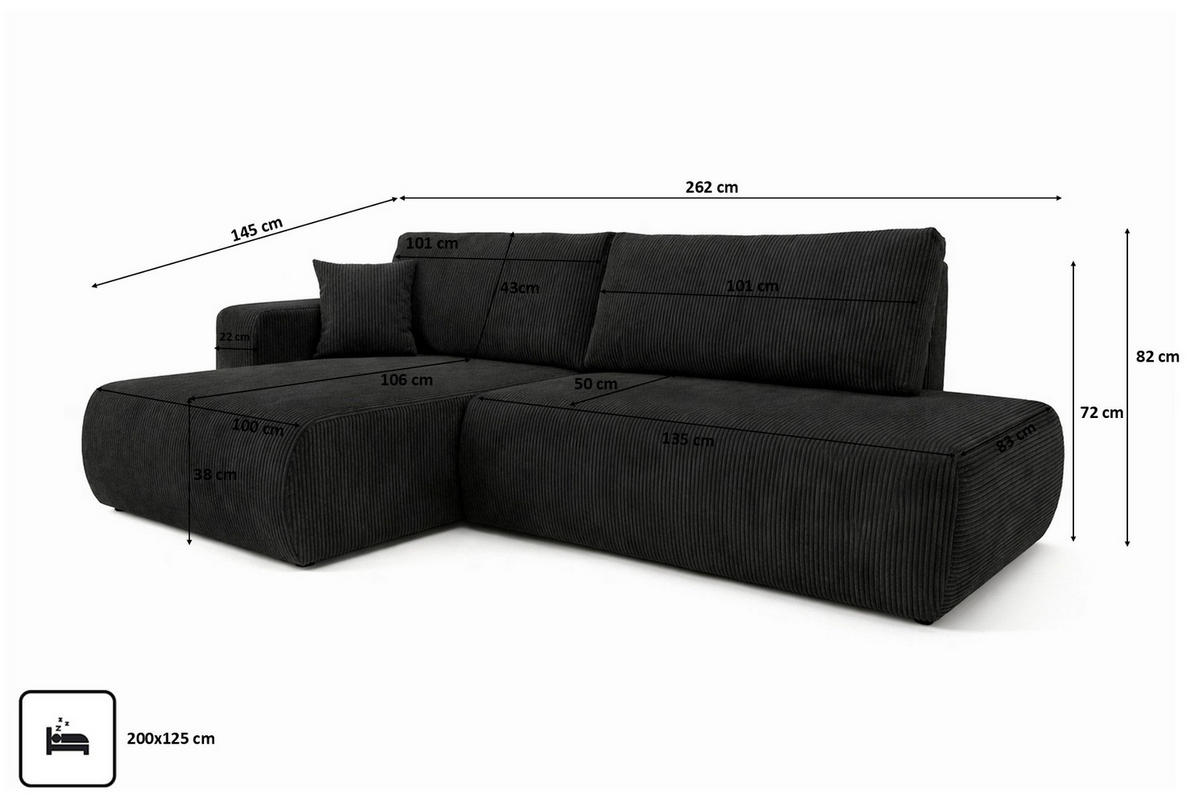 ECKSOFA Mit Schlaffunktion Und Bettkasten, Cordstoff Poso, Schwarz, Links, OPEN XL - Schwarz, Holz (262/145cm) - Kaiser Möbel