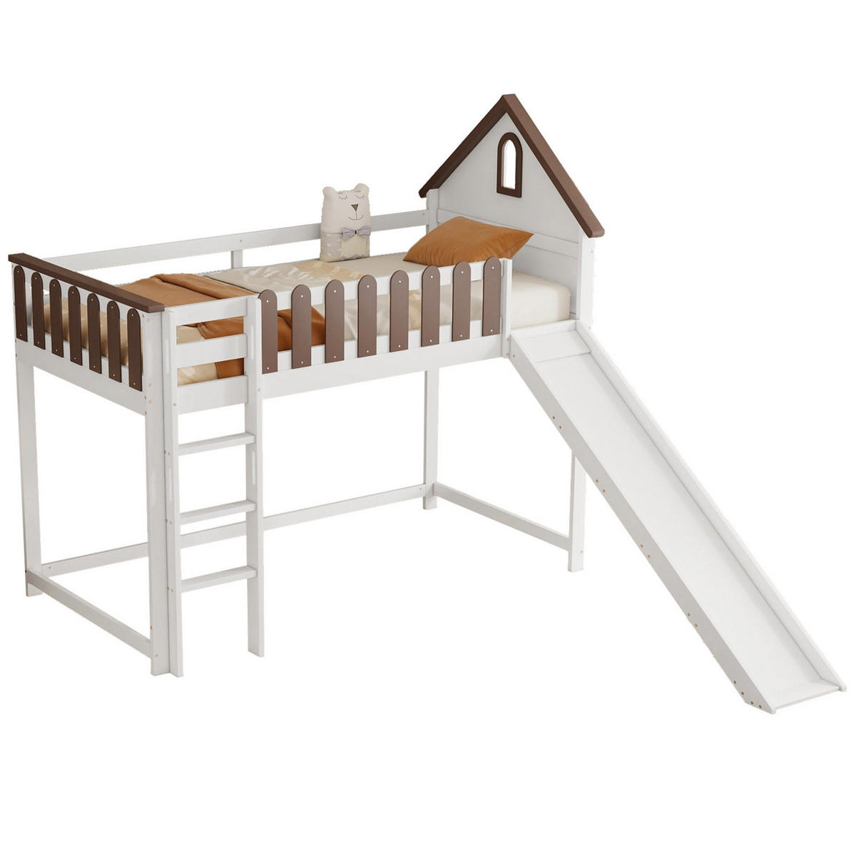 VYSOKÁ posteľ 90/200 cm biela orechová z masívneho dreva a MDF so šmykľavkou, strechou a oknami - biela, kompozitné drevo (90/200cm) - OKWISH