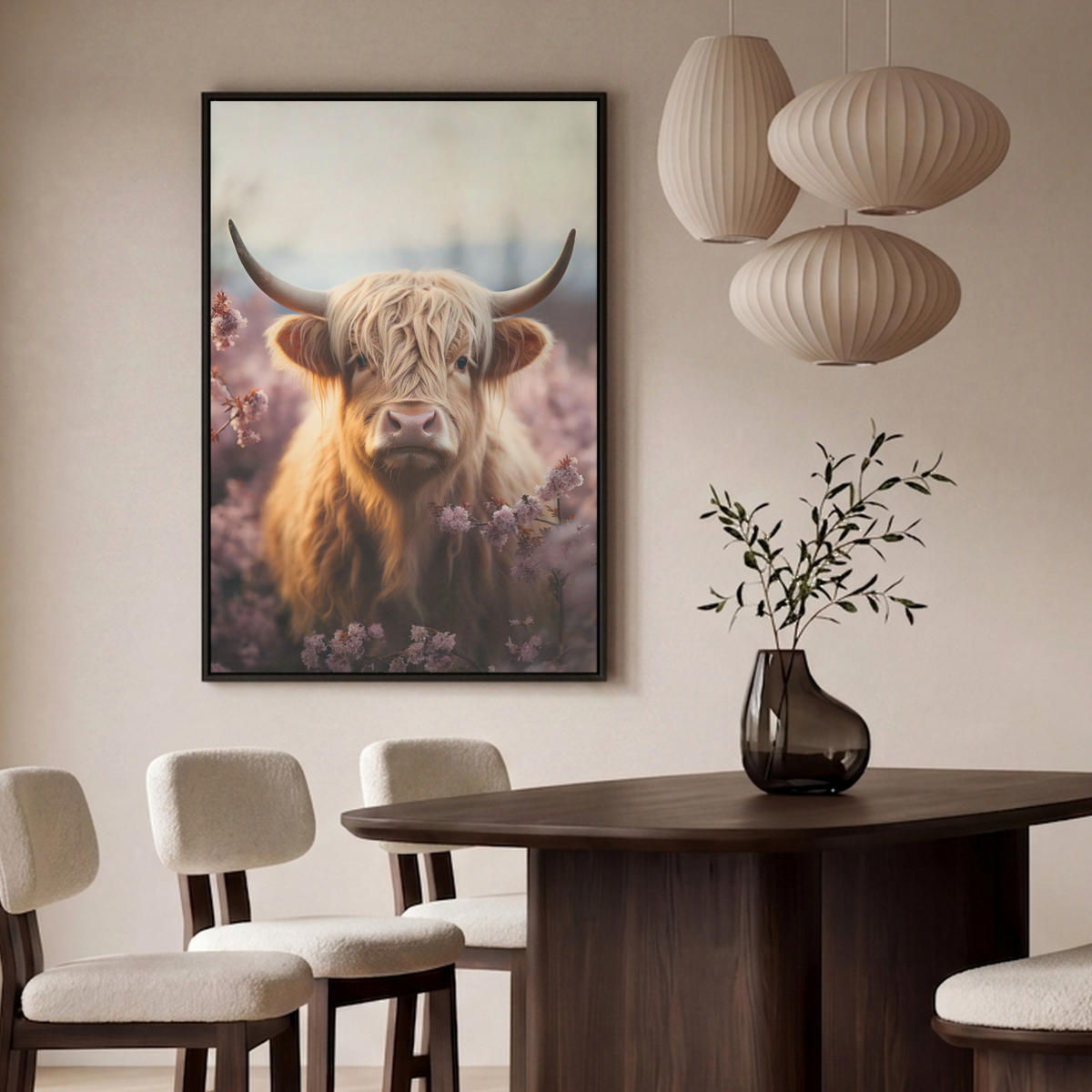 LEINWAND Bilder mit Rahmen - Schottischer Hochländer - Frühling - Hochland - 80x120 - Hellrosa, Textil (80/120cm) - MuchoWow