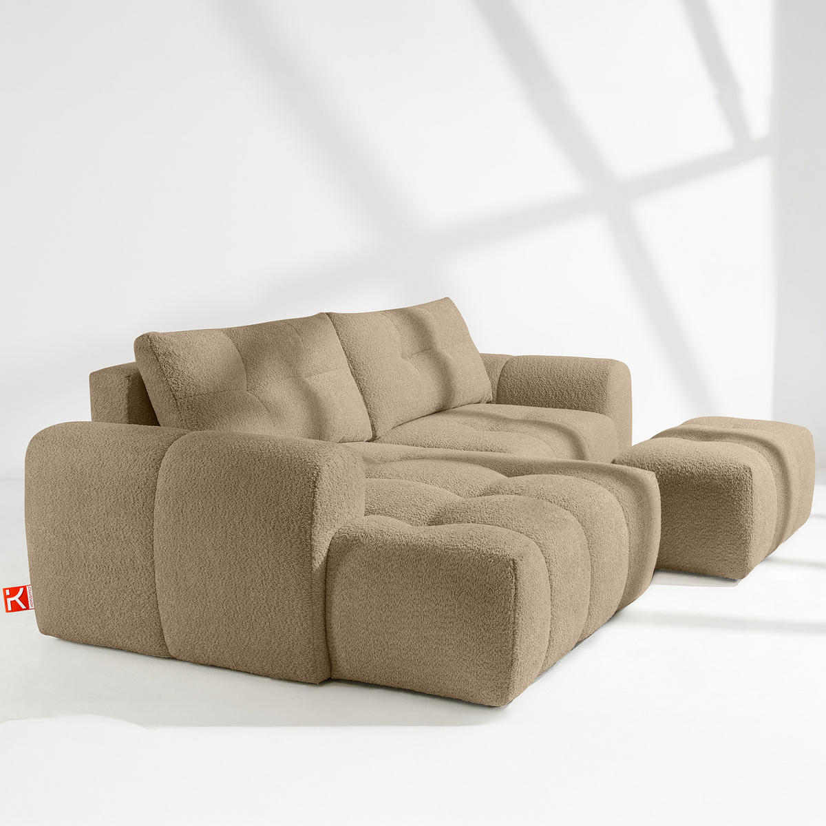 ECKSOFA MIT HOCKER RAVIA, Bouclé, Beige - Beige, Holz/Textil (96/50cm) - KONSIMO®