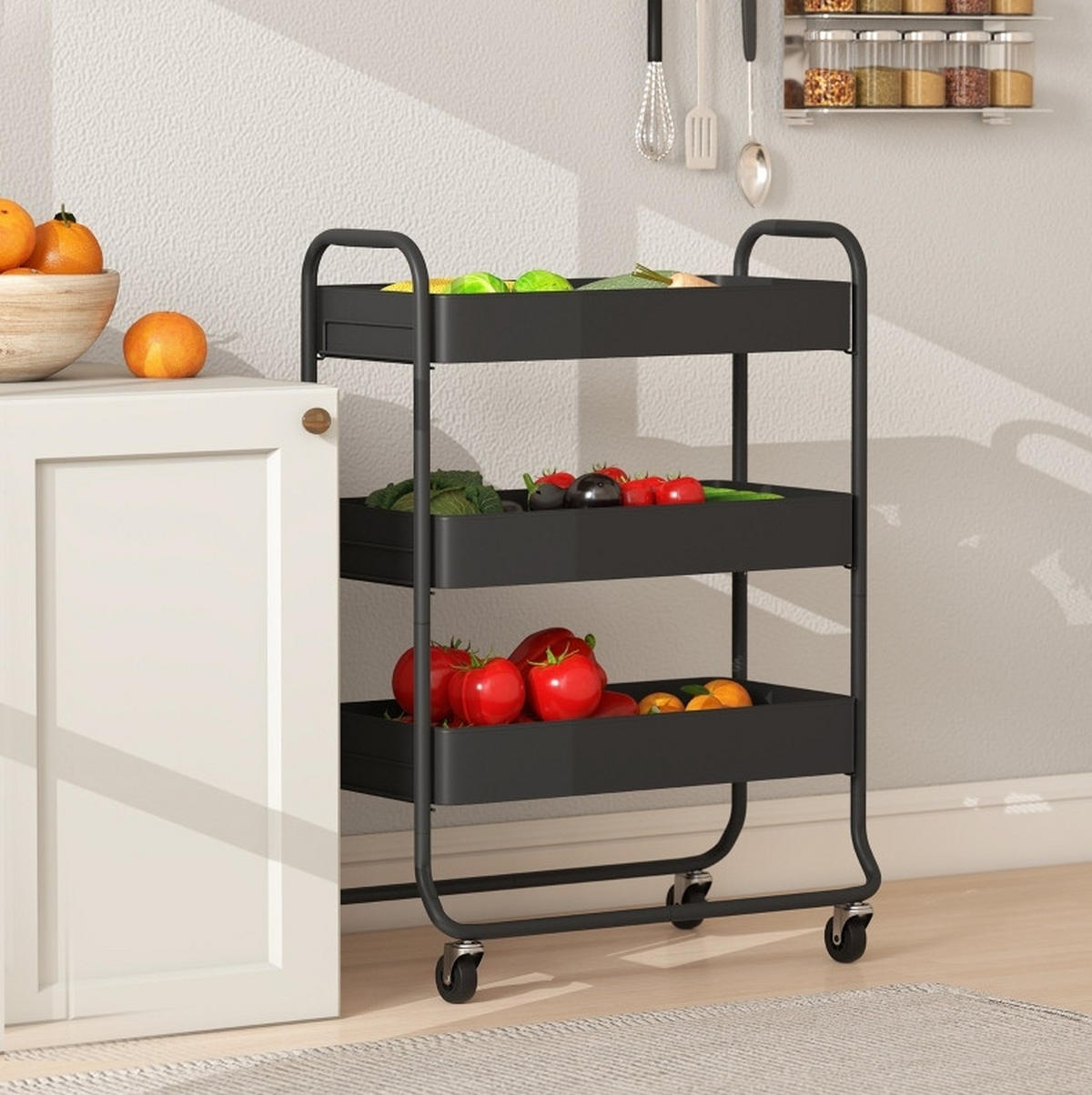 KÜCHENWAGEN mit 3 Körben 64,5 x 34 x 87 cm Schwarz - Schwarz, Metall (34/87/64.5cm) - Beauniv