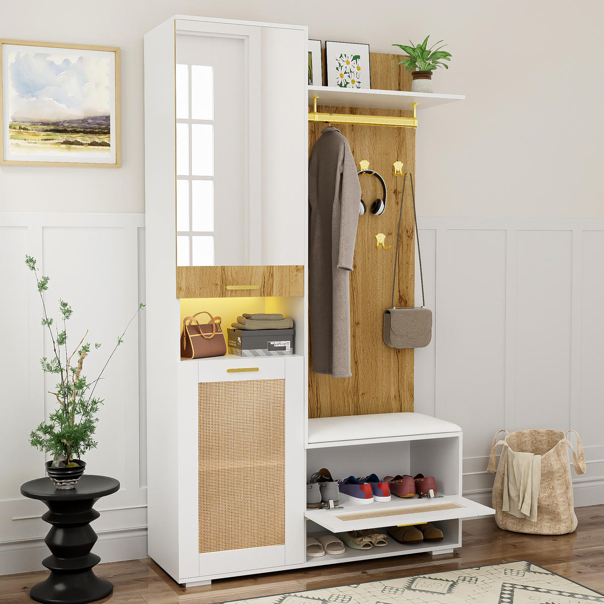 GARDEROBEN-SET in Naturfarben Kleiderschrank-Set mit Schuhschrank, Sitzbank und LED-Beleuchtung , B110/T38/H190cm - Naturfarben/Weiß, Glas/Holzwerkstoff (110/190/38cm) - STILVORA
