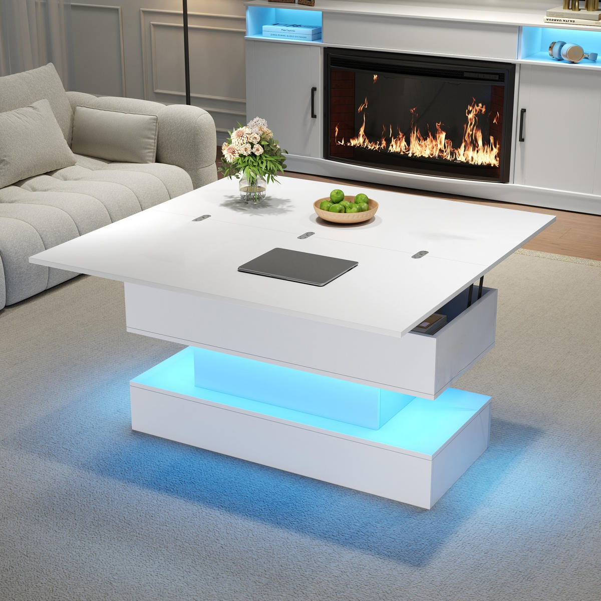 COUCHTISCH in Weiß höhenverstellbar Kaffeetisch mit Steckdose und LED-Licht für Wohnzimmer, B100/T50/H51.5cm - Weiß, Holzwerkstoff/Metall (50/100/51cm) - STILVORA