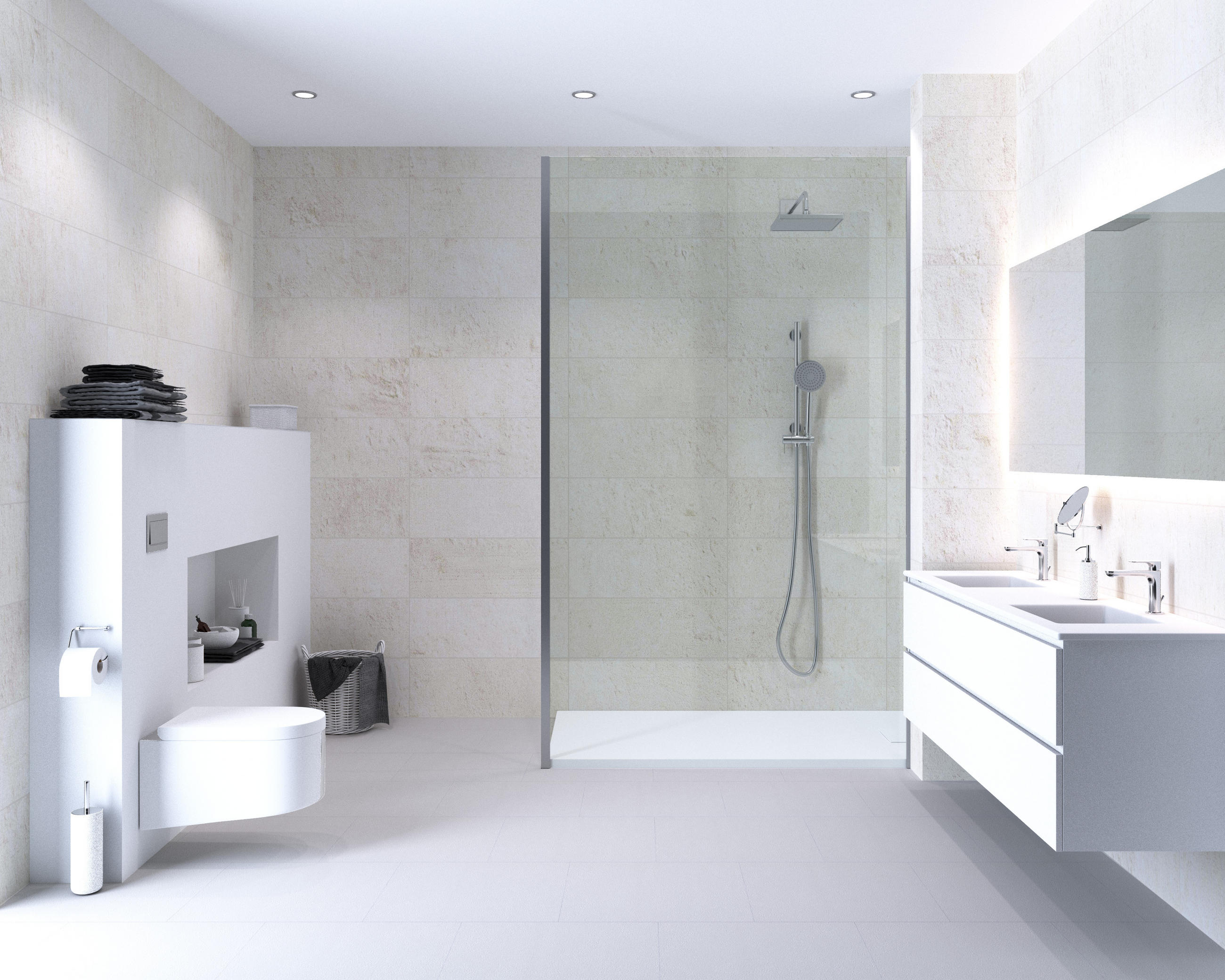 AQUA-STEP- ALL IN ONE - Wasserdichte Wandpaneele und Bodenpaneele für Badezimmer - French Limestone - 6 Paneele (2,34m²) - Hellgelb, Kunststoff (122/32/0.45cm) - Aqua-Step® 