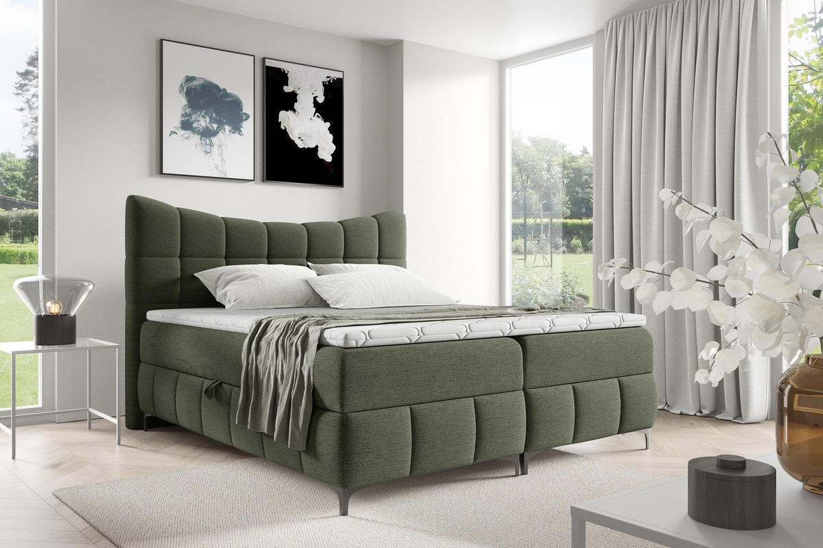 BOXSPRINGBETT 200x200 Almera, Chenille, Bettkasten, Matratze, Grün - Grün, Holz/Textil (200/200cm) - Emporius