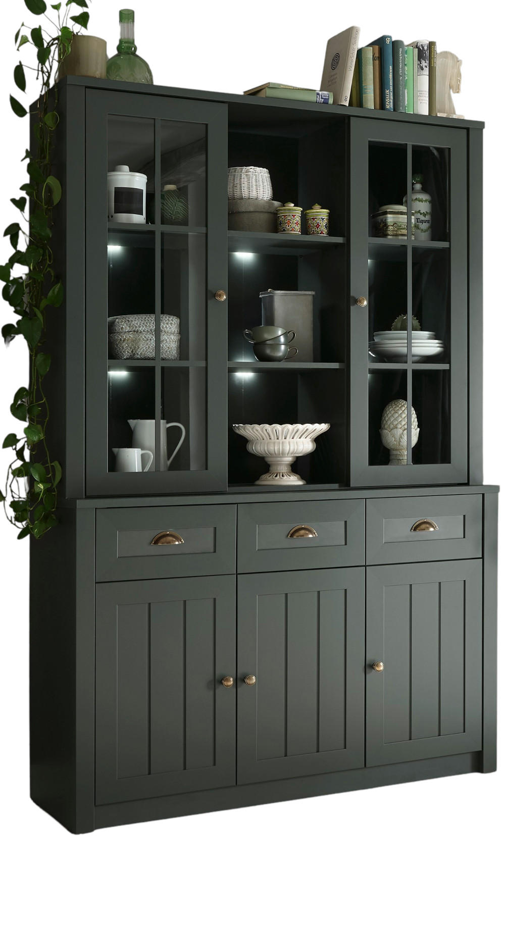 BUFFETSCHRANK grün 130 x 196 cm, Buffet im Landhaus-Stil mit viel Stauraum - Chromfarben/Schwarz, Glas/Holzwerkstoff (130/196/43cm) - Furn.Design