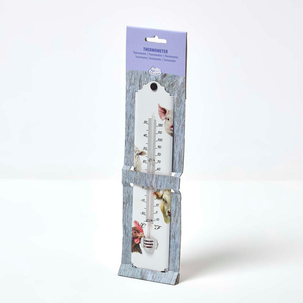 Innen- & Außenthermometer weiß mit Bauernhof-Tieren - Multicolor/Braun, Metall (6.3/29.5/29.5cm) - Homescapes