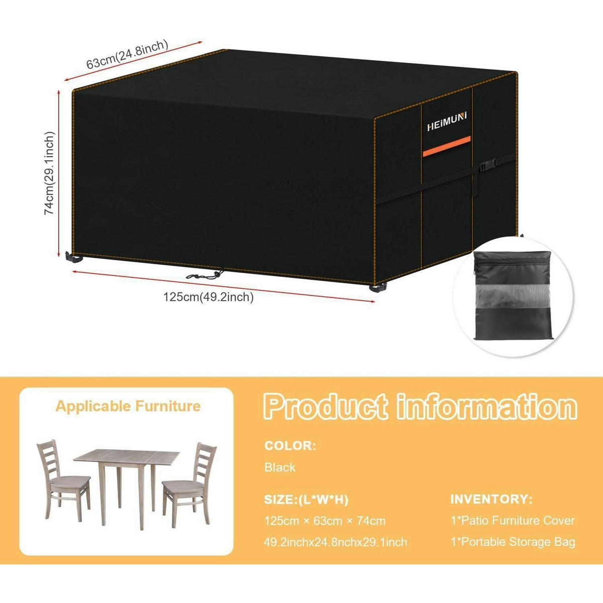 SCHUTZHÜLLE Gartentisch 125 x 63 x 74 cm 420D Oxford Gewebe Wasserdicht - Schwarz, Kunststoff (1/1/1cm)