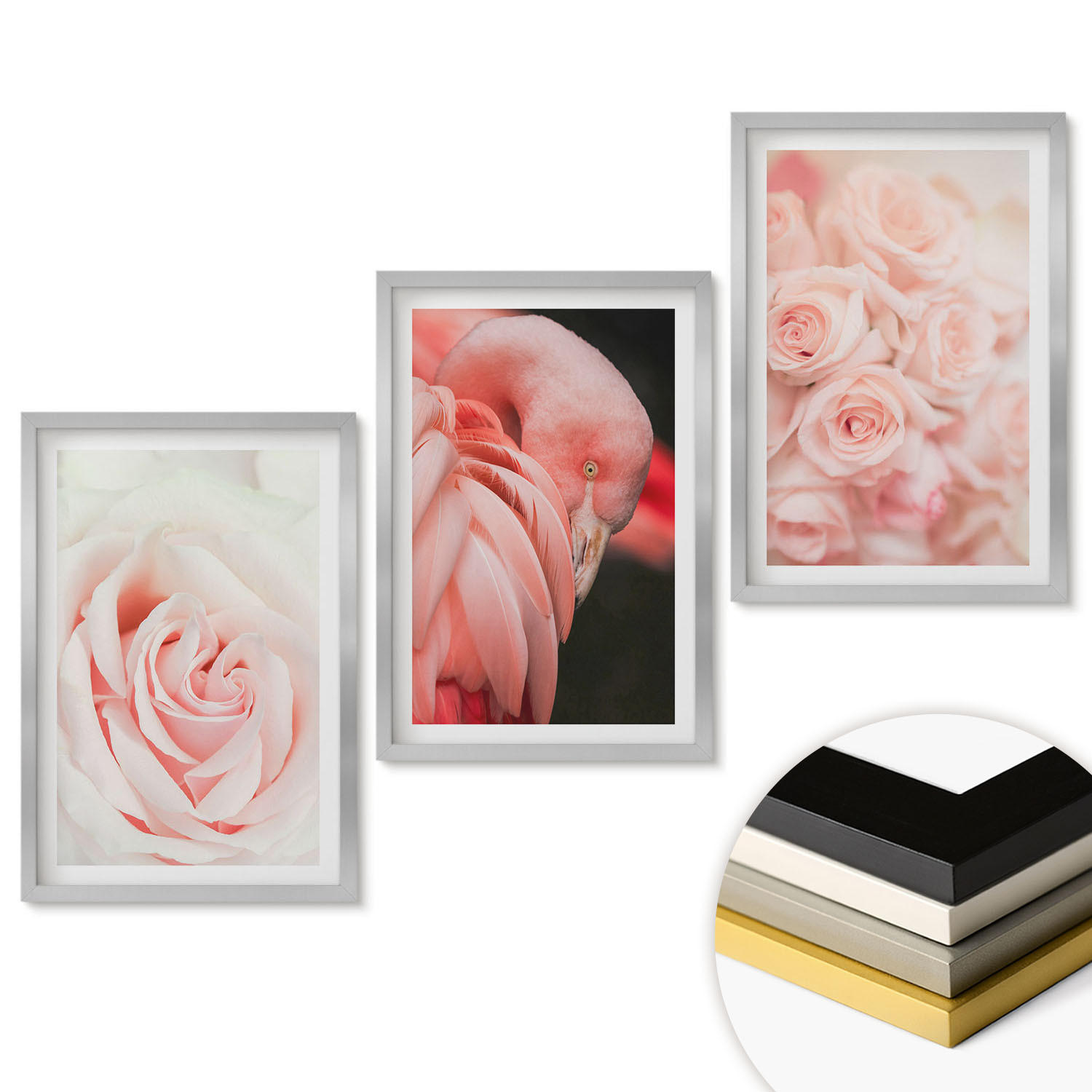 WANDBILDER 3er Set - 40x60 cm Silberner Rahmen - Zartrosa Flamingos - Silberfarben, Kunststoff (40/60cm) - ArtPrintCave