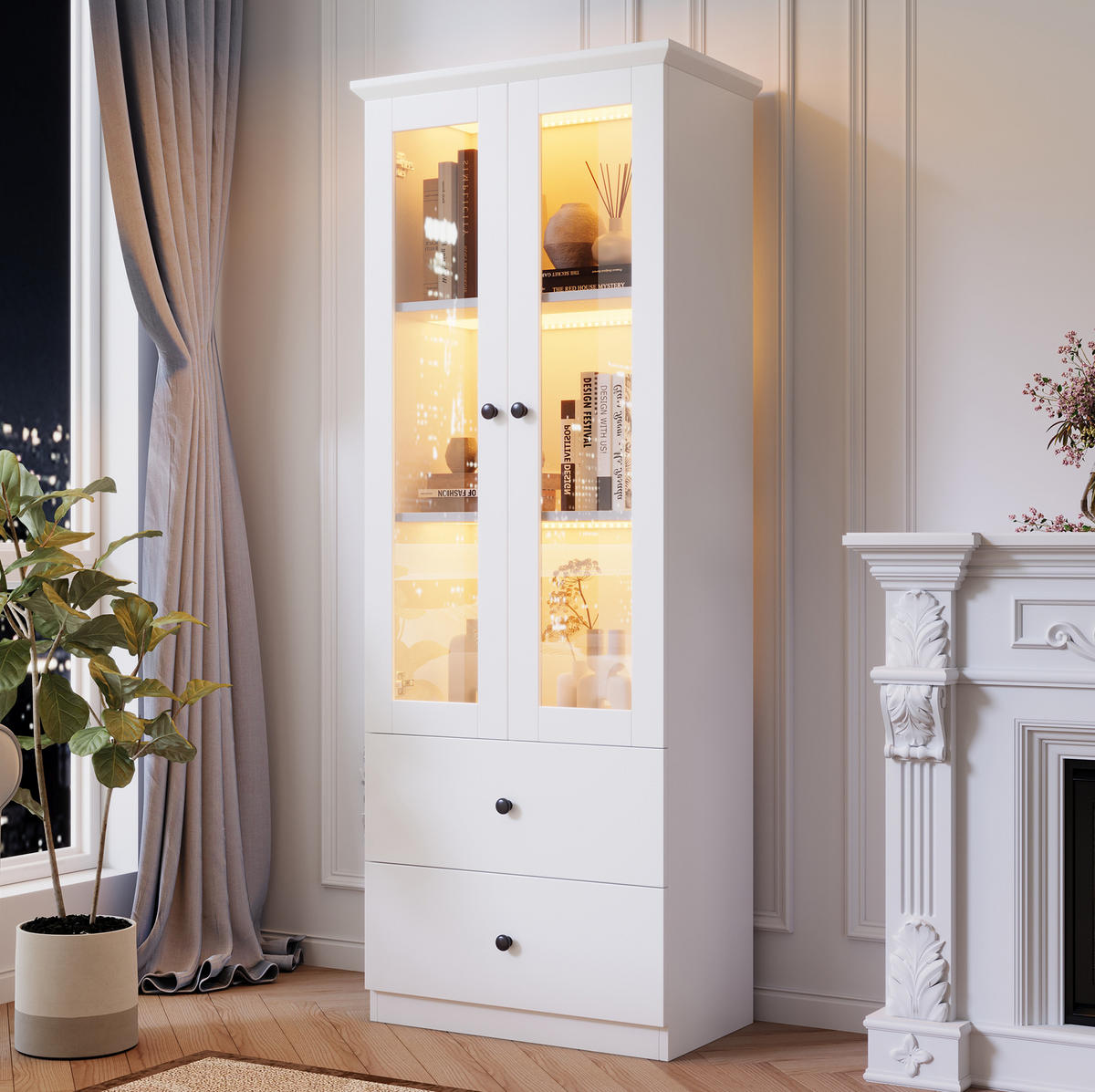 VITRINA 165 cm bijela s LED rasvjetom, USB priključkom i 2 ladice - bijela, drvni materijal (60/165/35.5cm) - BEAOK