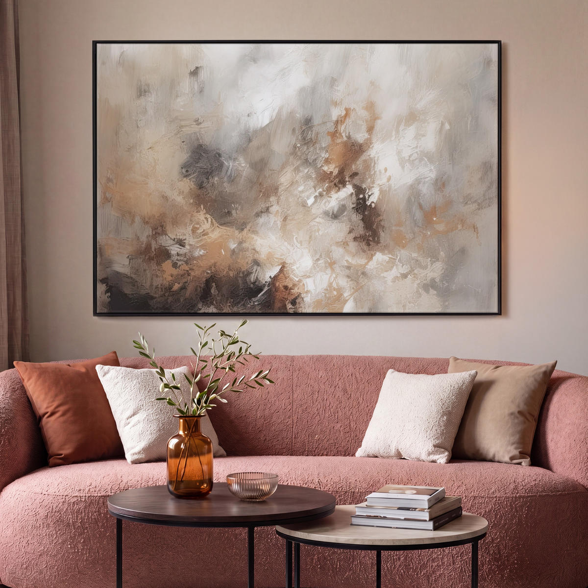 LEINWAND Bilder mit Rahmen - Farbe - Abstrakt - Beige - Kunst - 140x90 - Greige, Textil (140/90cm) - MuchoWow
