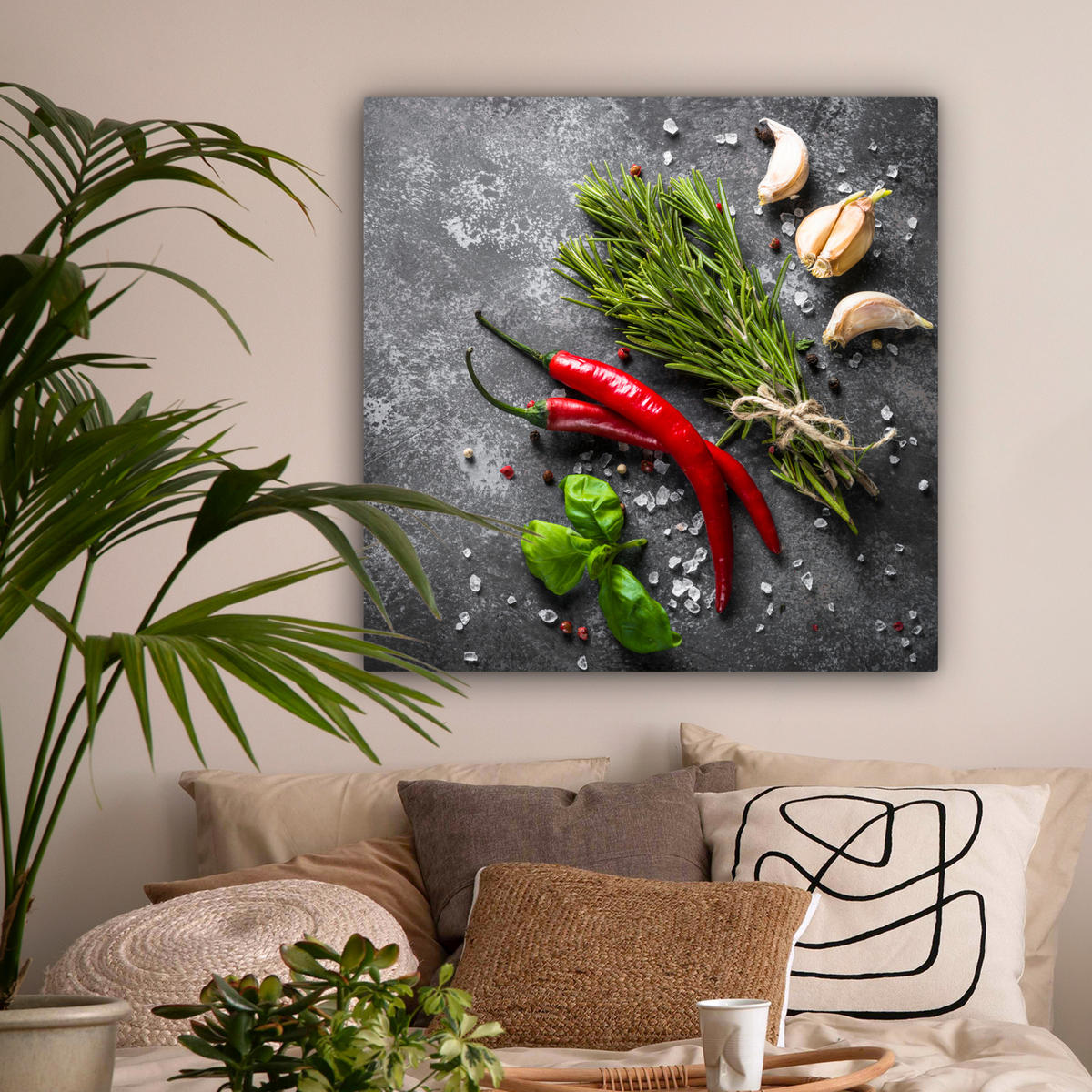 LEINWANDBILD Pfeffer - Kräuter - Gewürze - Beton Deko Groß 90x90 cm - Dunkelgrau, Textil (90/90cm) - MuchoWow