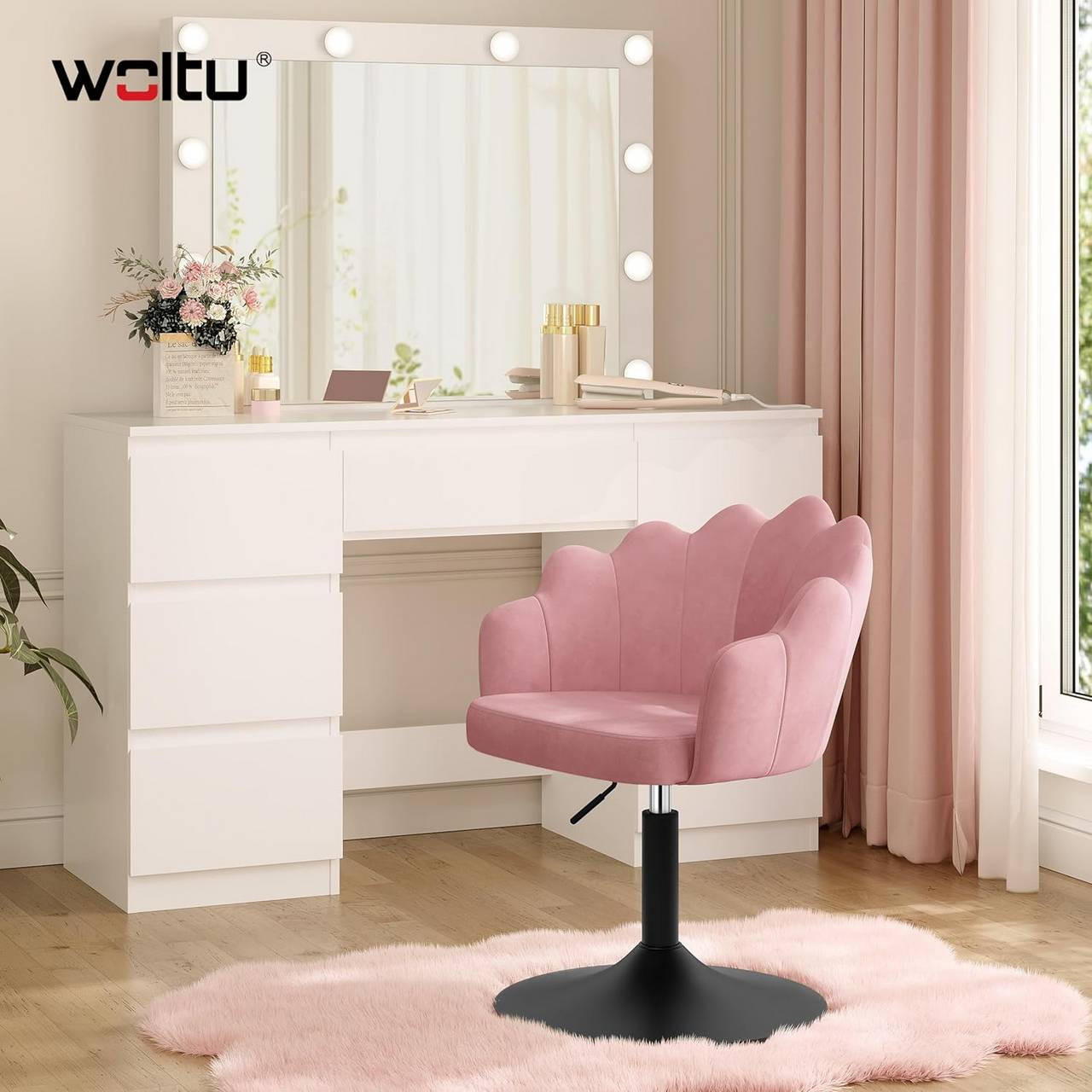 DREHSTUHL, Blumenform, Smt, Schminkstuhl, Rosa - Schwarz/Rosa, Textil/Metall (55/67/50cm) - Woltu