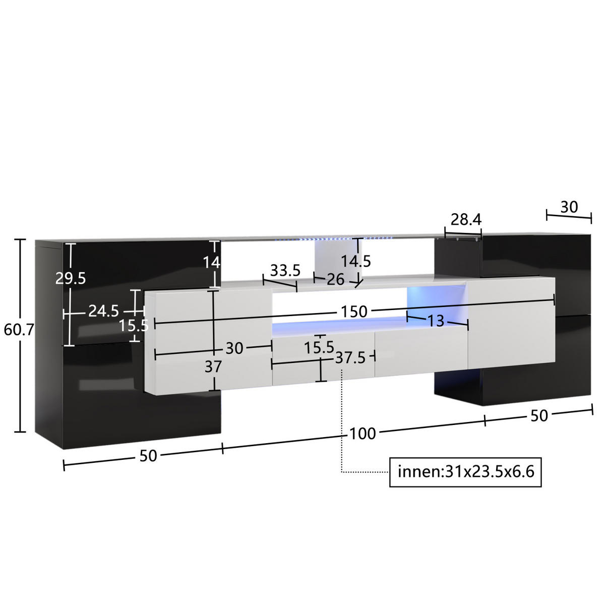 TV Lowboard LED 200 cm, Glasoberfläche, Schwarz - Schwarz, Holz (200/60/30cm)